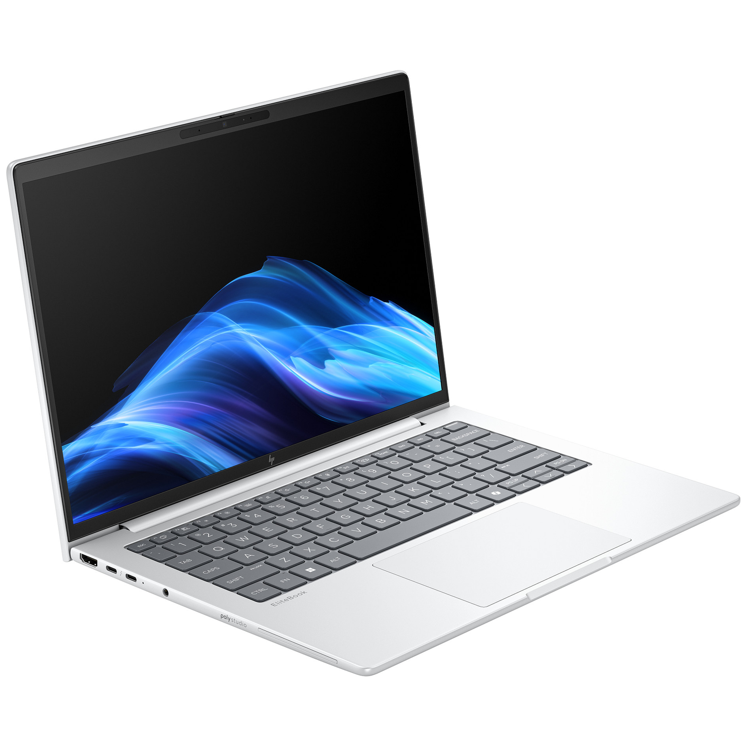 Silver laptop with a black screen displaying blue and white abstract art. The keyboard is visible, and the laptop is open.