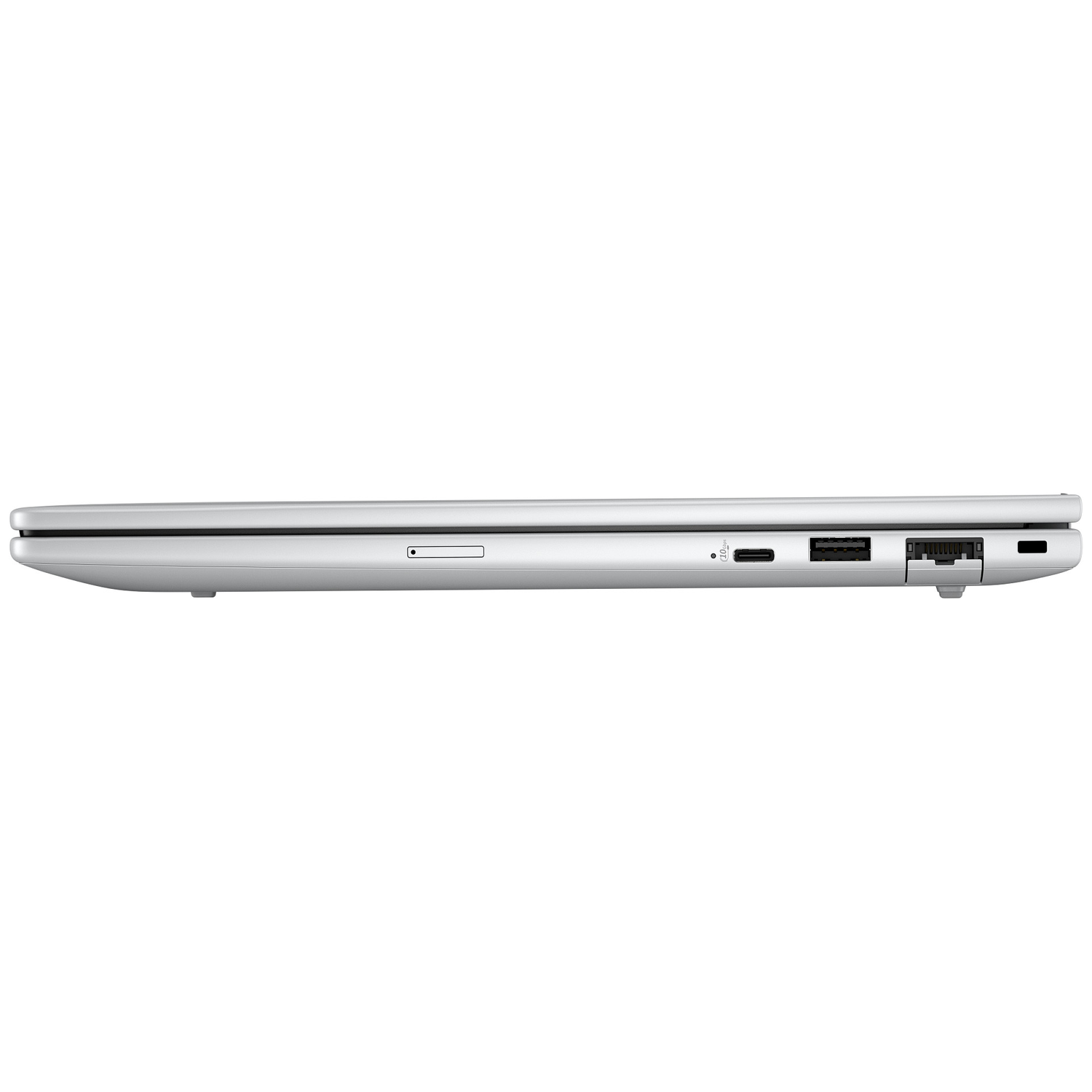 Side view of a silver laptop. Visible ports include a card reader, USB-C, USB, and an Ethernet port. The laptop is closed.