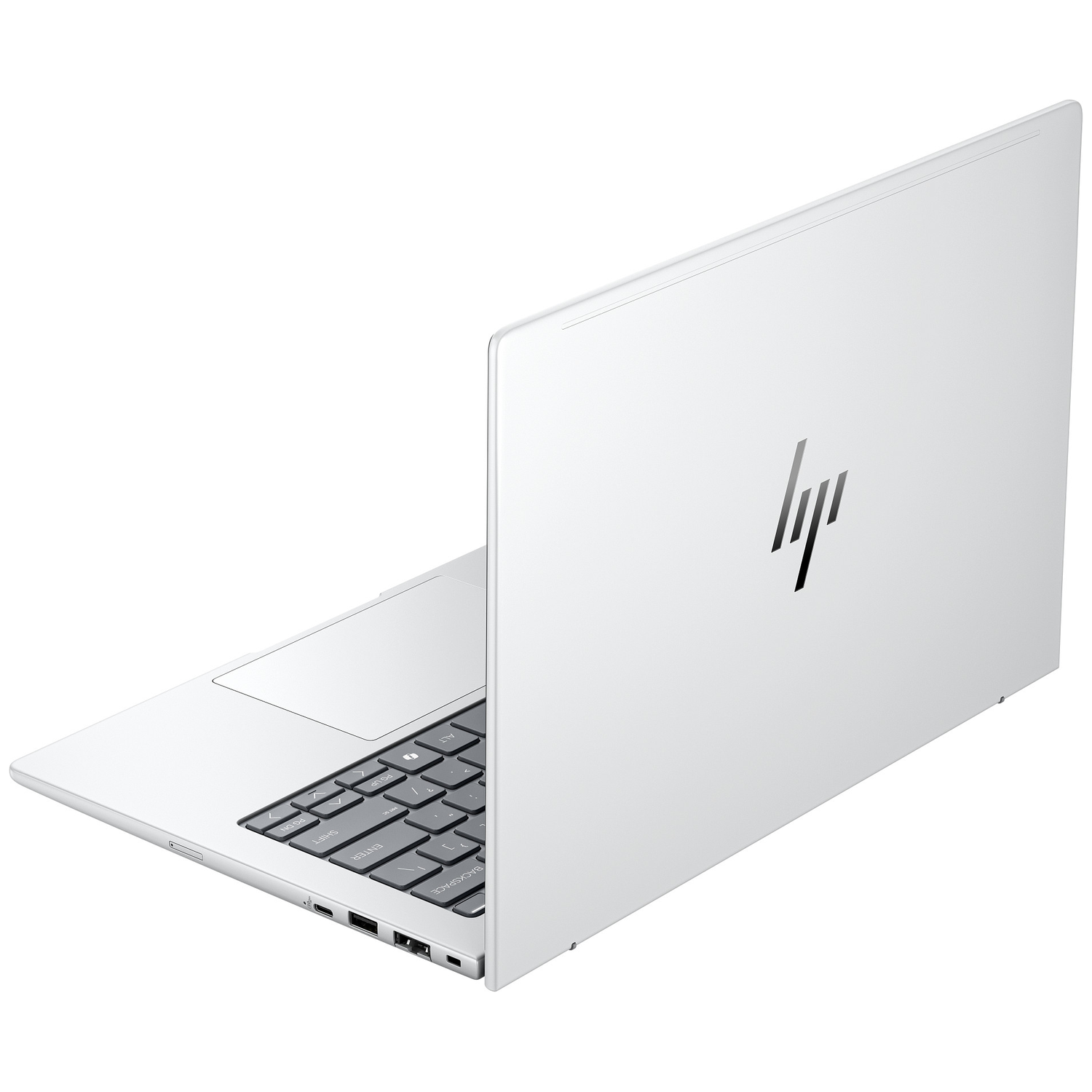 A white HP laptop is slightly open, showing the keyboard and the trackpad. The HP logo is on the back.