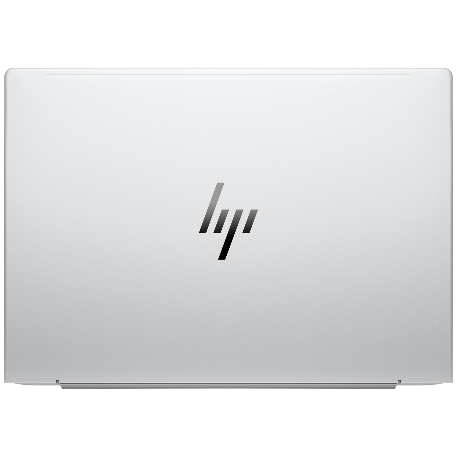 The back of a silver laptop. The HP logo is in the center. The laptop has a smooth, reflective surface.
