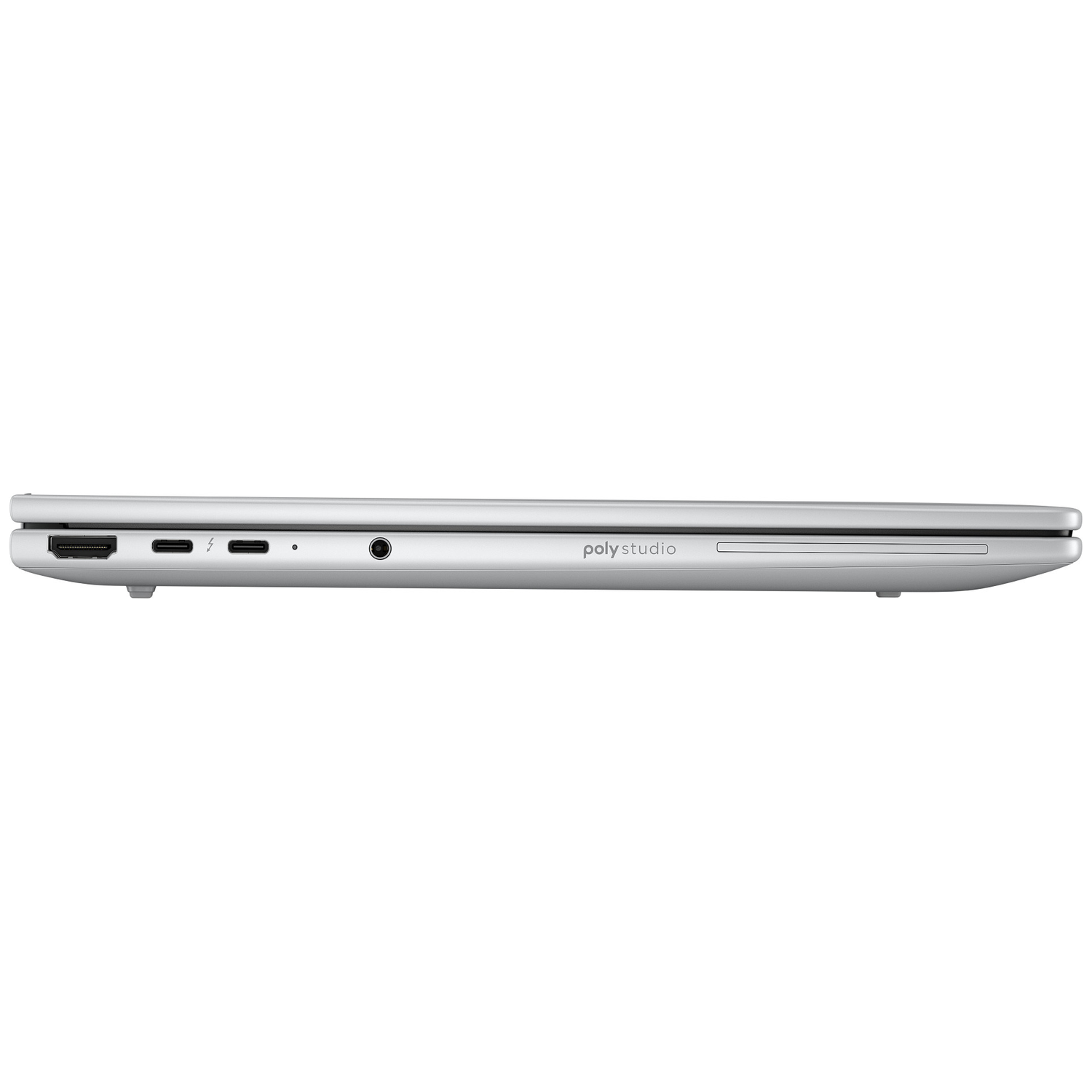 Side view of a silver laptop. Visible ports include HDMI, USB-C, and audio jack. The brand 'poly studio' is printed on the side.