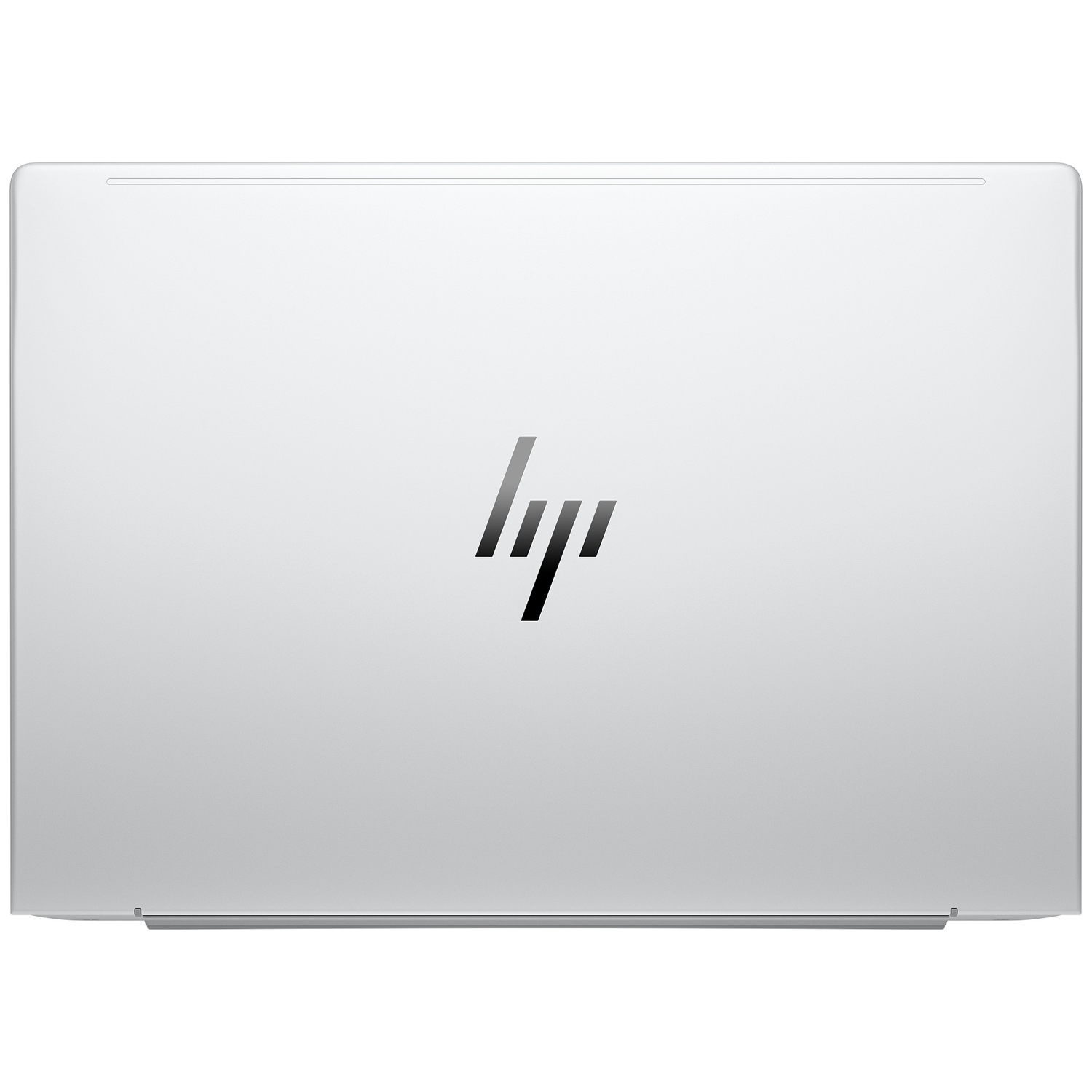 The back of a silver laptop with the HP logo in black is visible. The laptop is closed and has a clean, minimalist design.