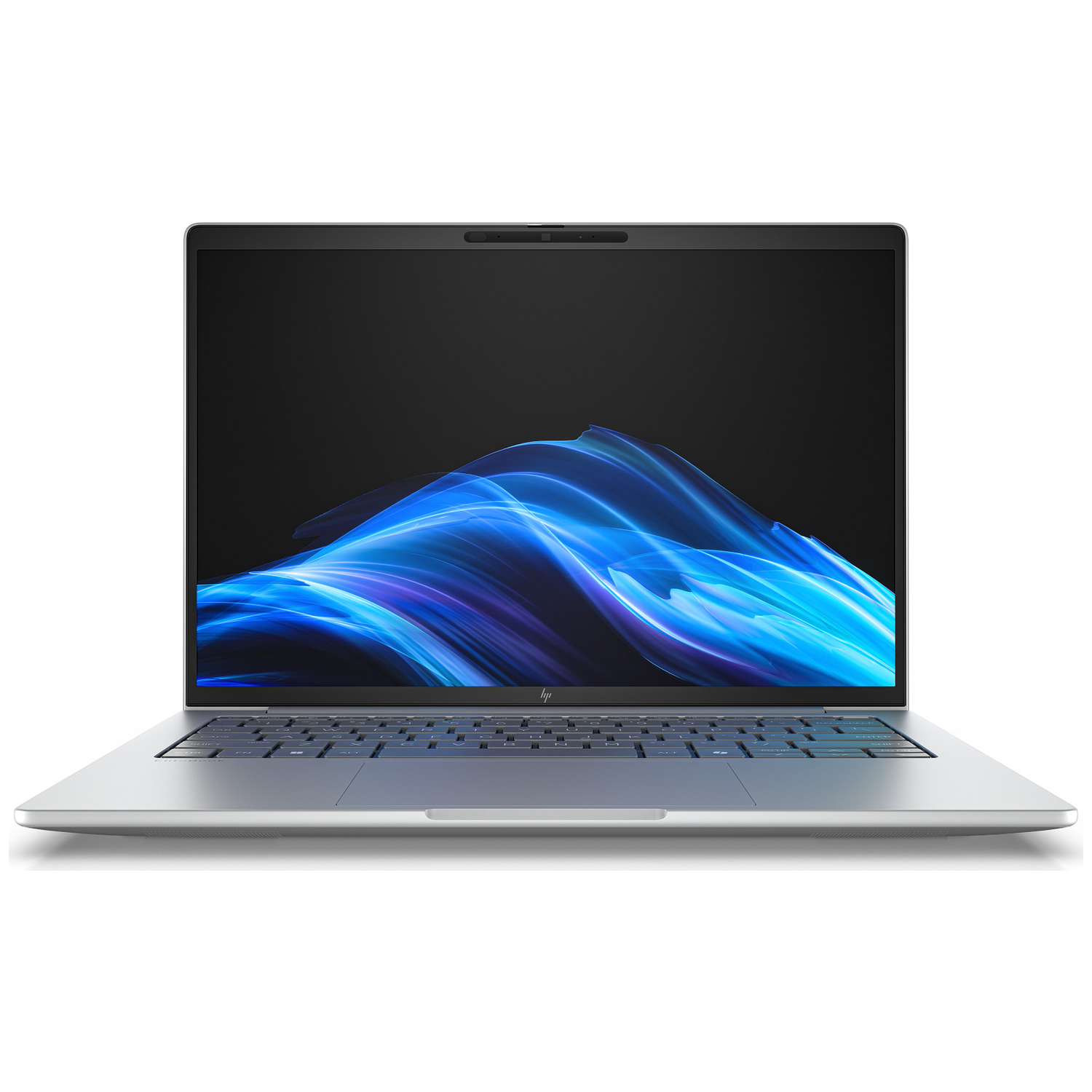 A silver laptop is open, displaying a blue and white abstract design on the screen. The background is white.
