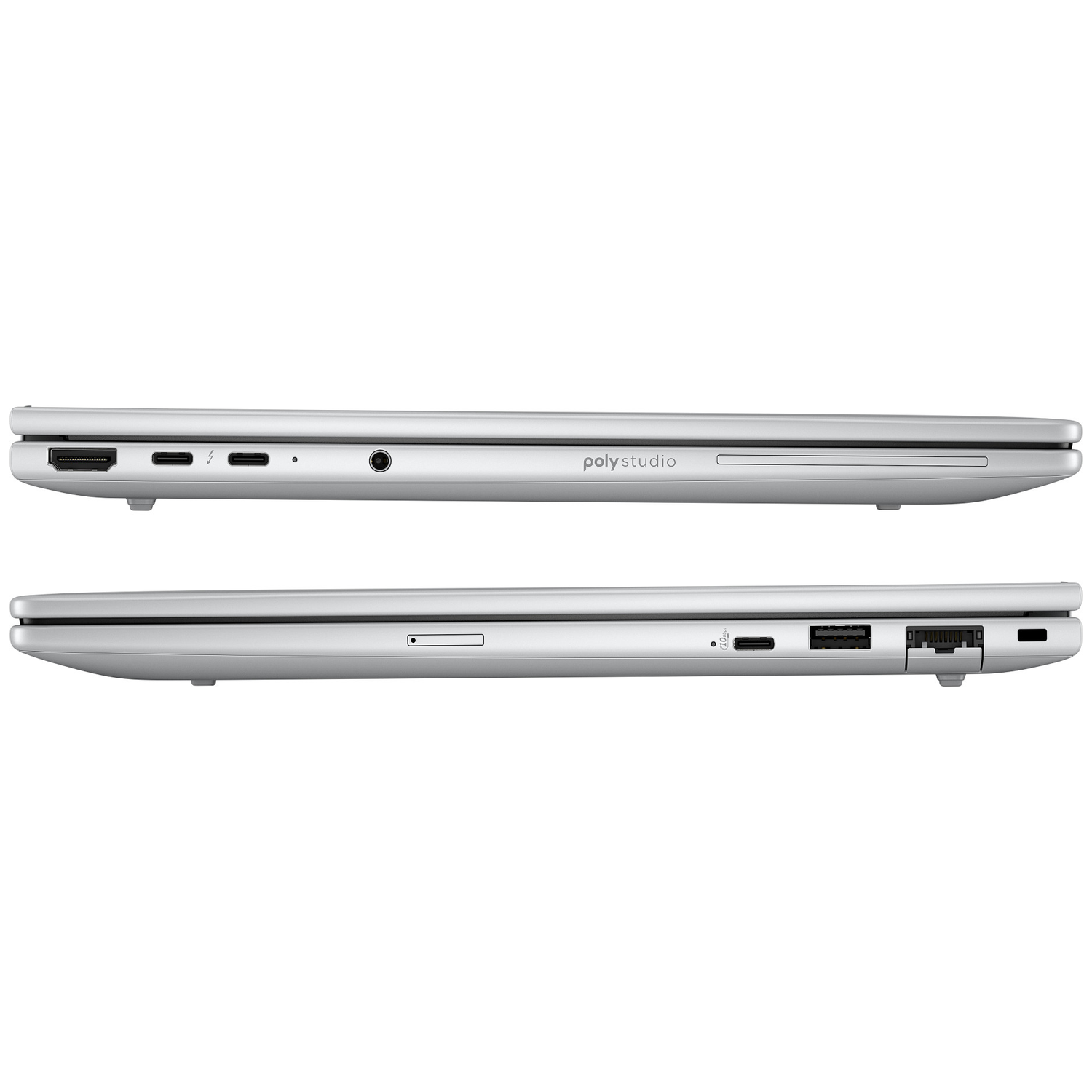 Two silver laptops side view. Top laptop shows ports and 'poly studio' text. Bottom laptop shows SD card slot and various ports.
