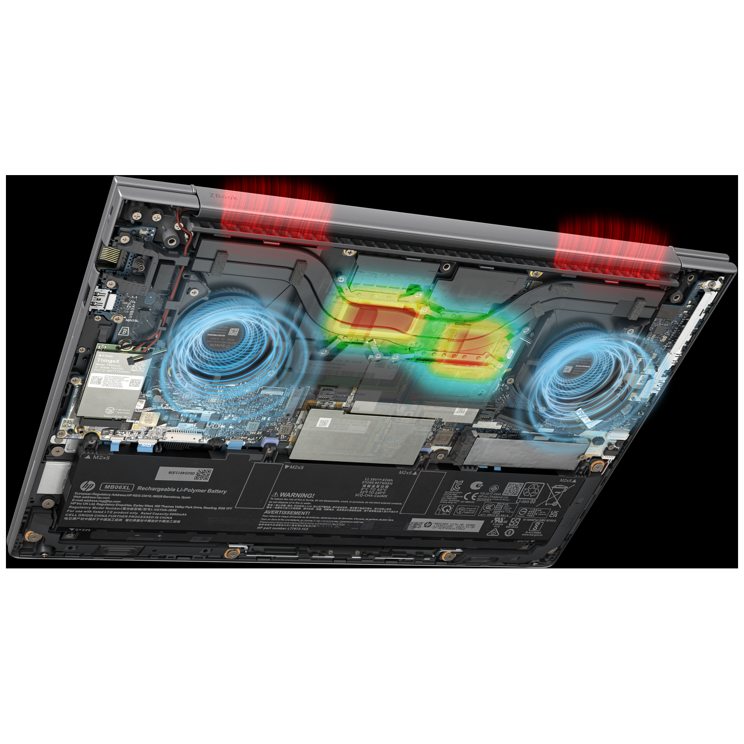 Laptop interior view. Cooling fans, heat map, and components are visible, showing internal structure and heat distribution.