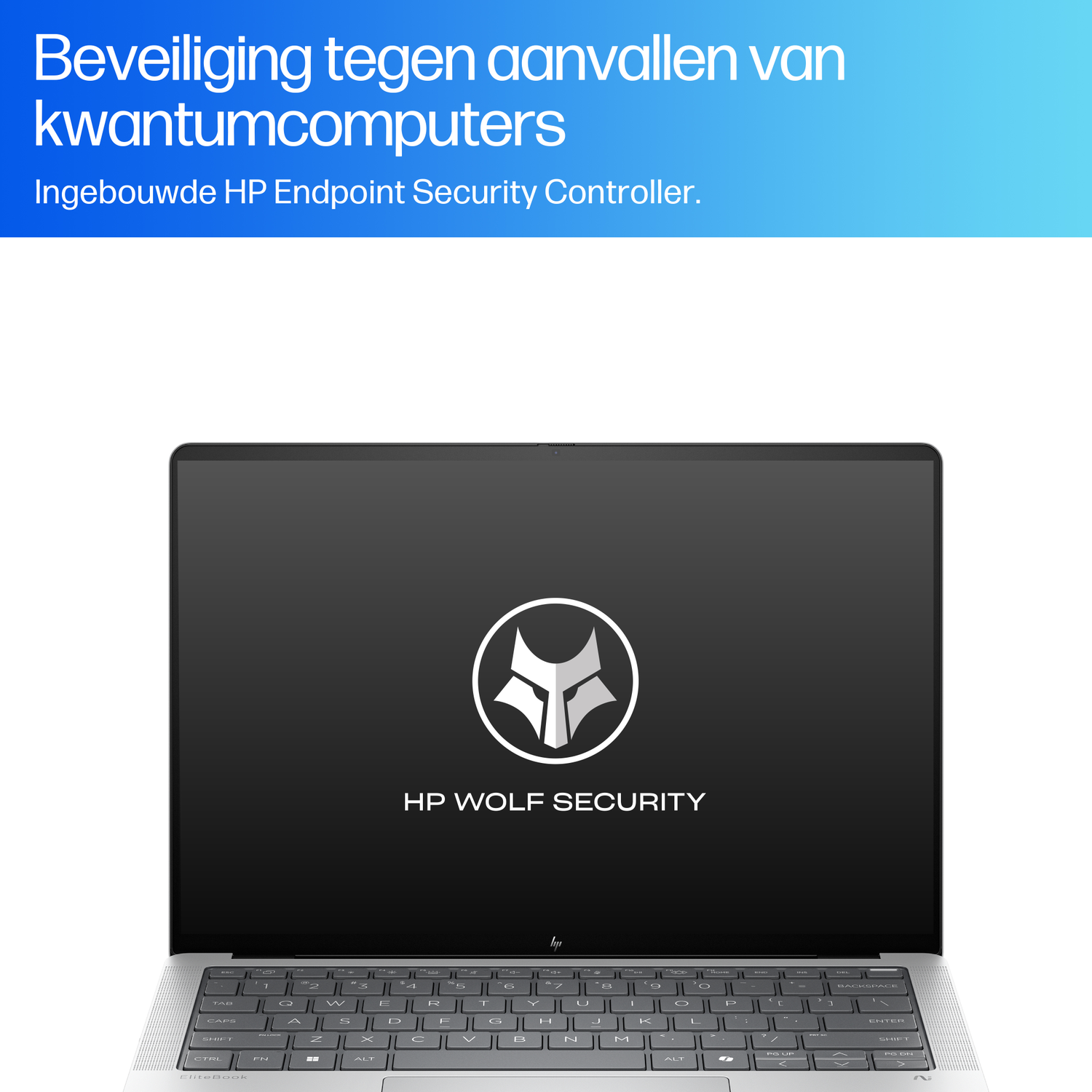Laptop screen displays HP Wolf Security logo. The keyboard is visible. Text at the top states 'Security against quantum computers'.