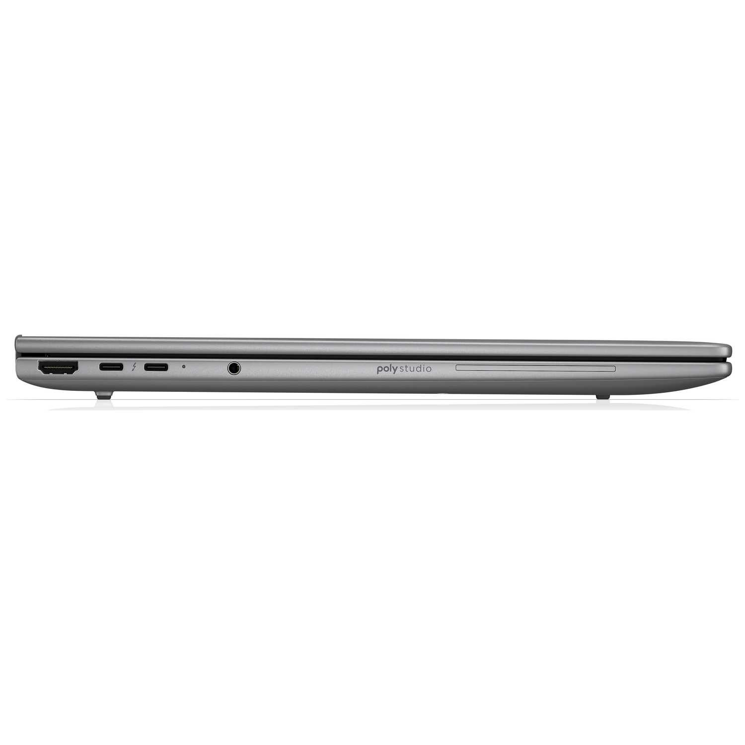 Side view of a closed, gray laptop. Visible ports include HDMI, USB-C, and audio jack. The brand 'poly studio' is printed on the side.