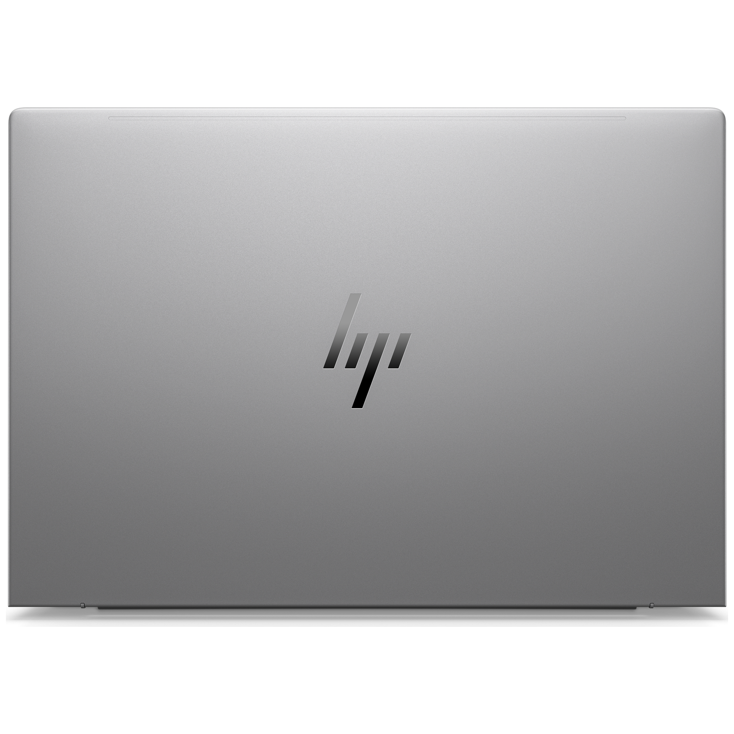 Silver laptop lid with the HP logo in the center. The lid is closed, displaying a smooth, metallic surface.