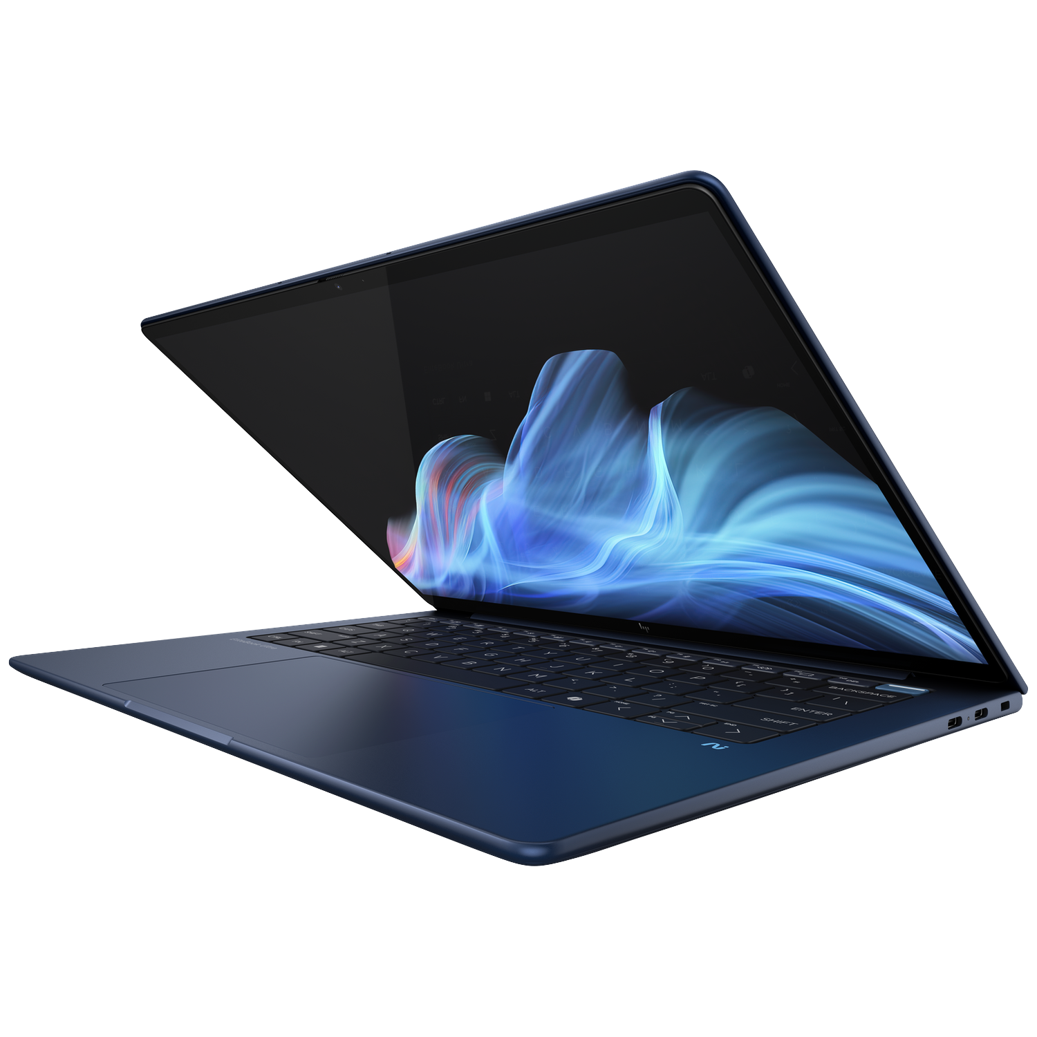 A blue laptop is open, displaying a colorful, abstract design on the screen. The keyboard is visible. White background.