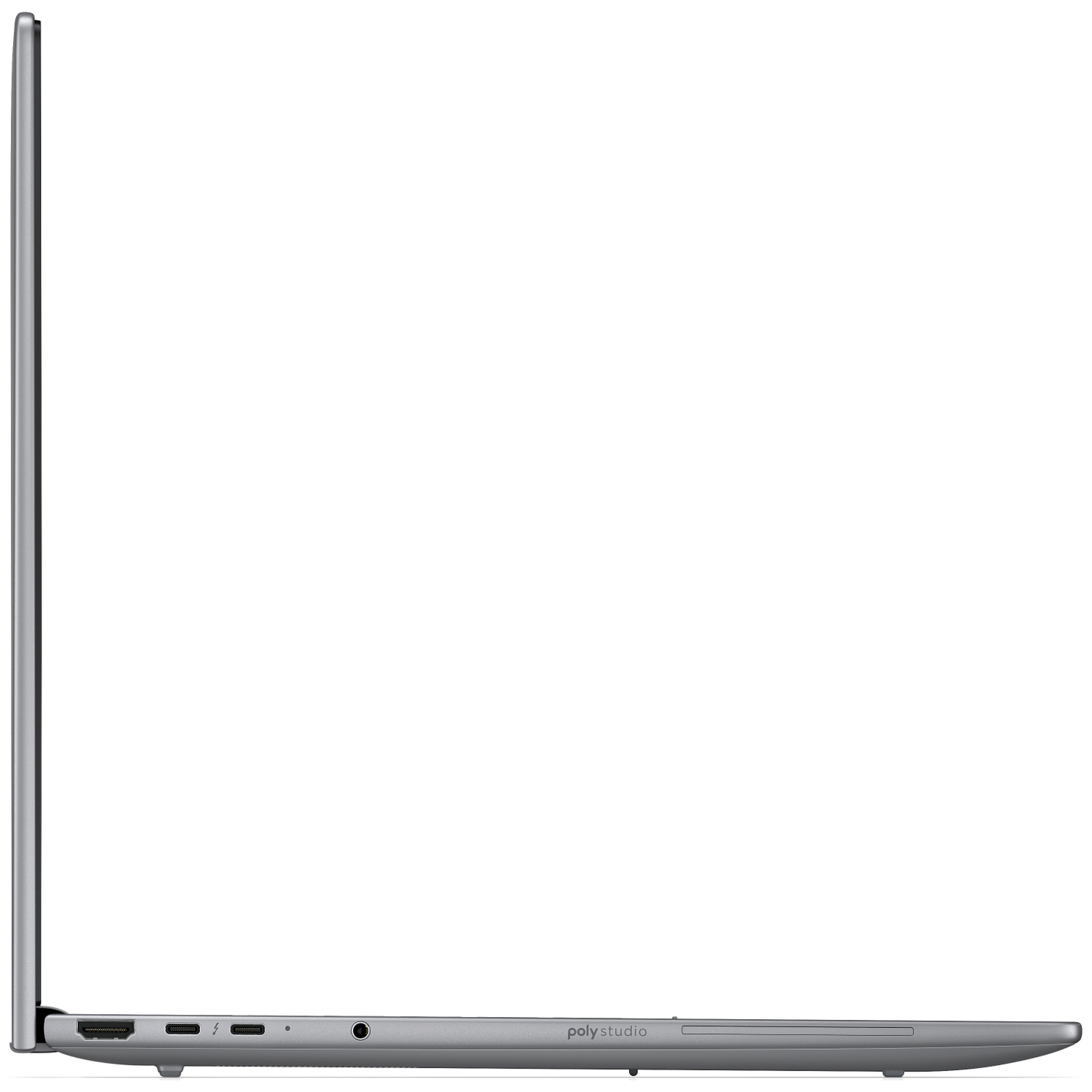 Side view of a silver laptop, displaying ports and the 'poly studio' logo. The screen is closed. Against a white background.