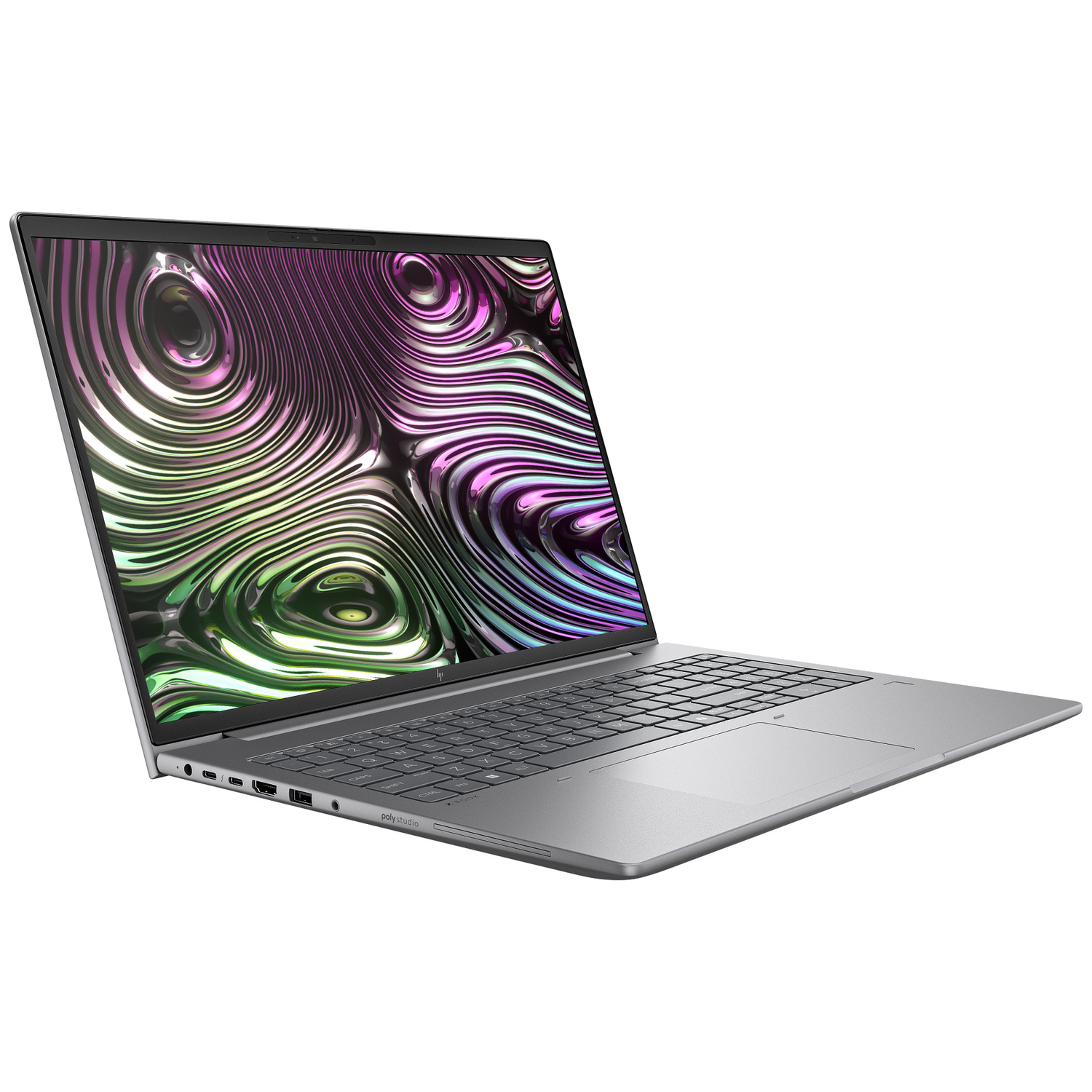 Silver laptop with a swirling, colorful screen. The keyboard and touchpad are visible. The background is white.
