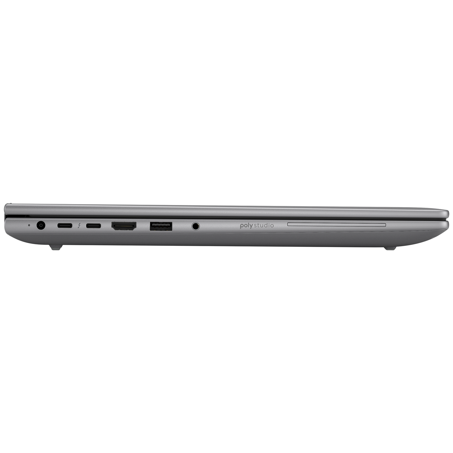 Side view of a silver laptop. Visible ports include USB, HDMI, and audio jack. The brand "polystudio" is printed on the side.
