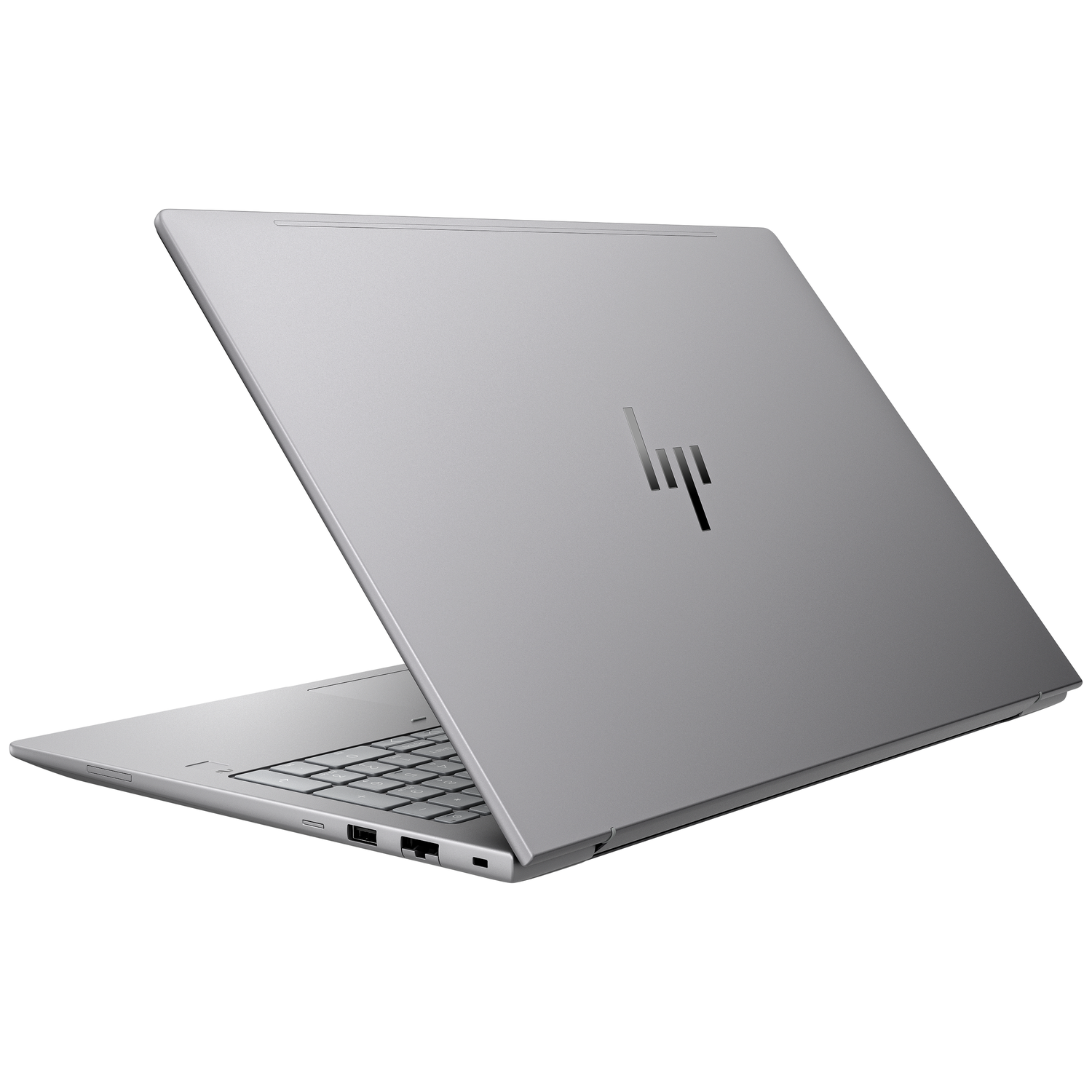 Silver HP laptop, angled open. Keyboard visible. HP logo on back. White background.