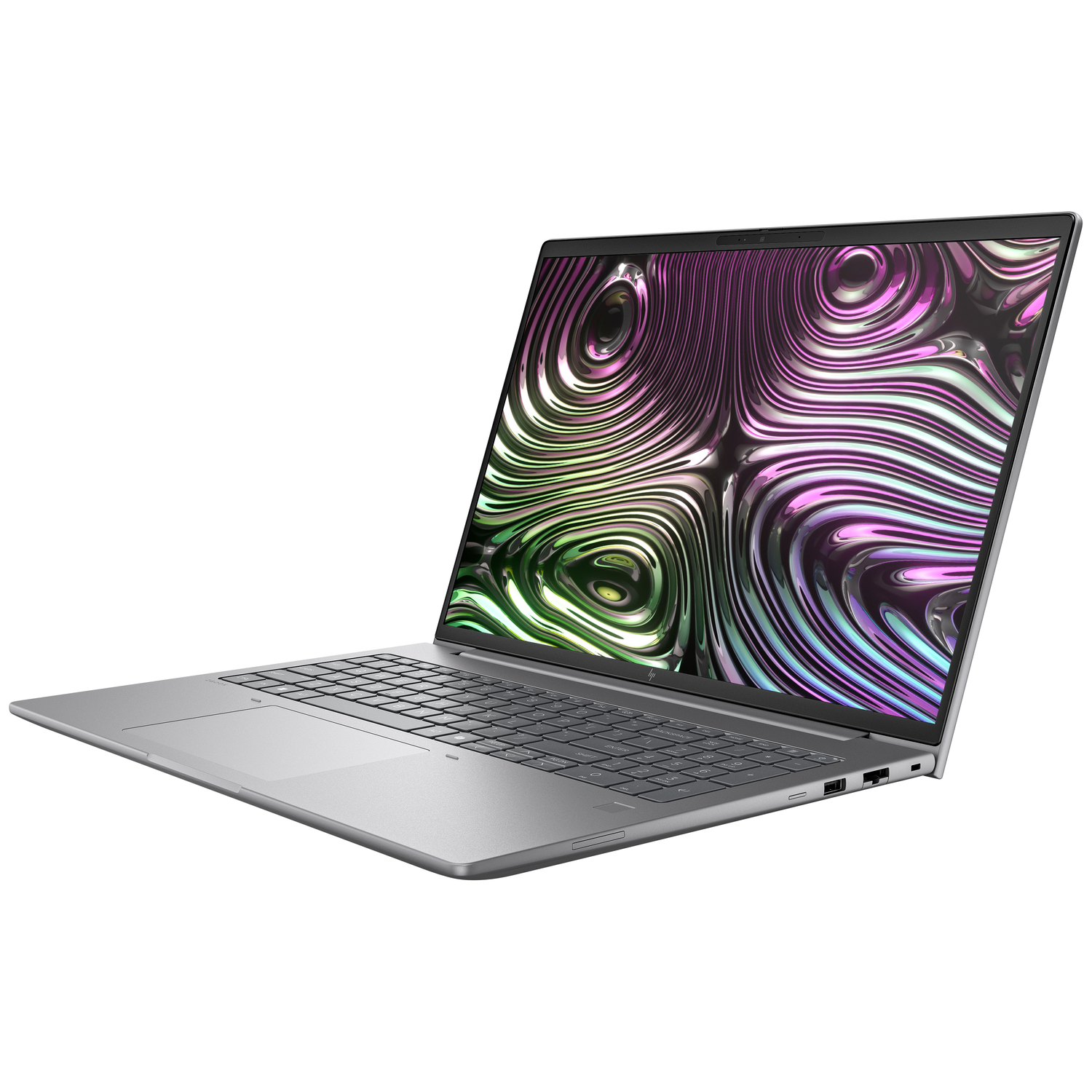 A silver laptop is open. The screen displays a colorful, wavy pattern. The keyboard is visible, and the laptop is angled.