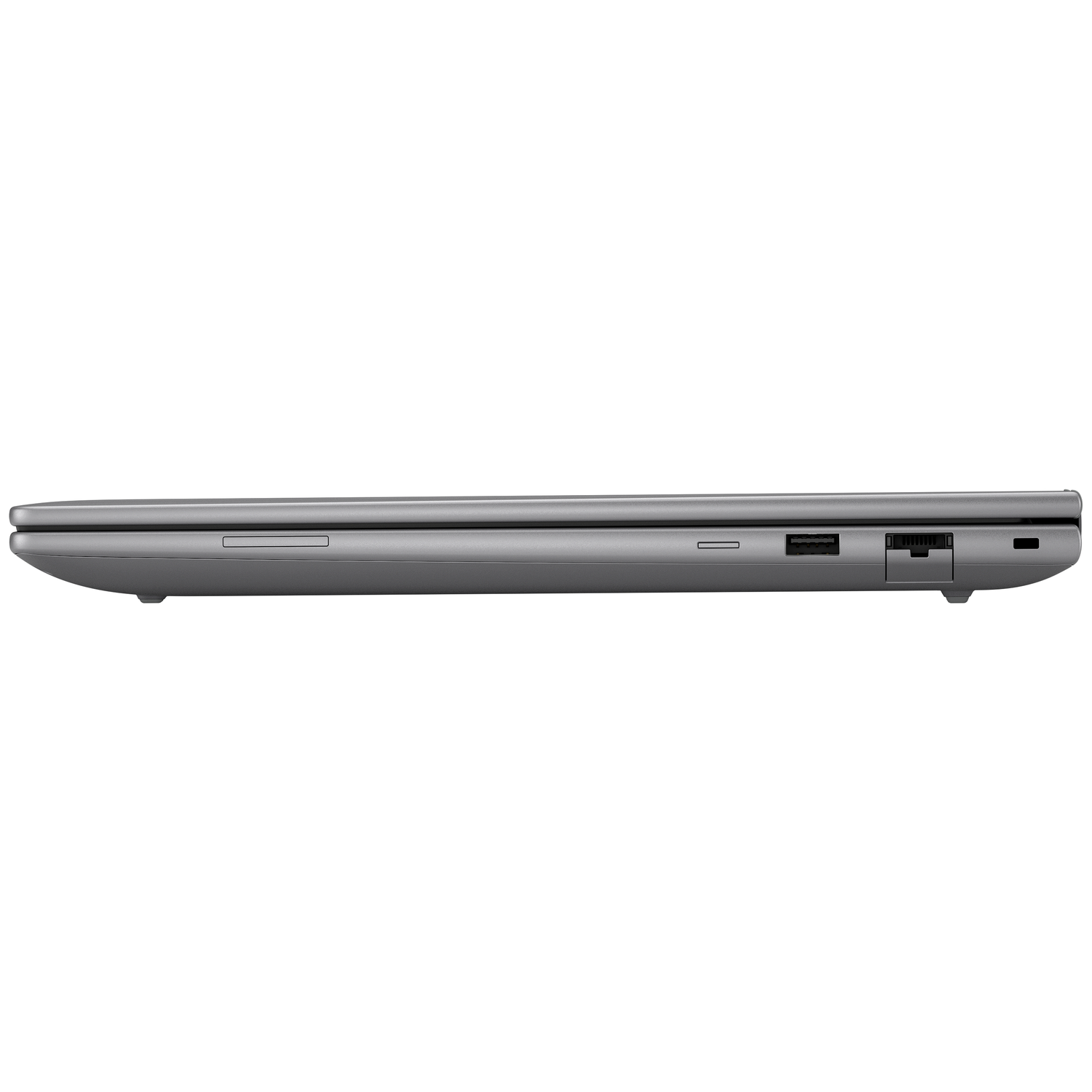 Side view of a closed, silver laptop. Ports include USB, and other connection slots. The background is white.