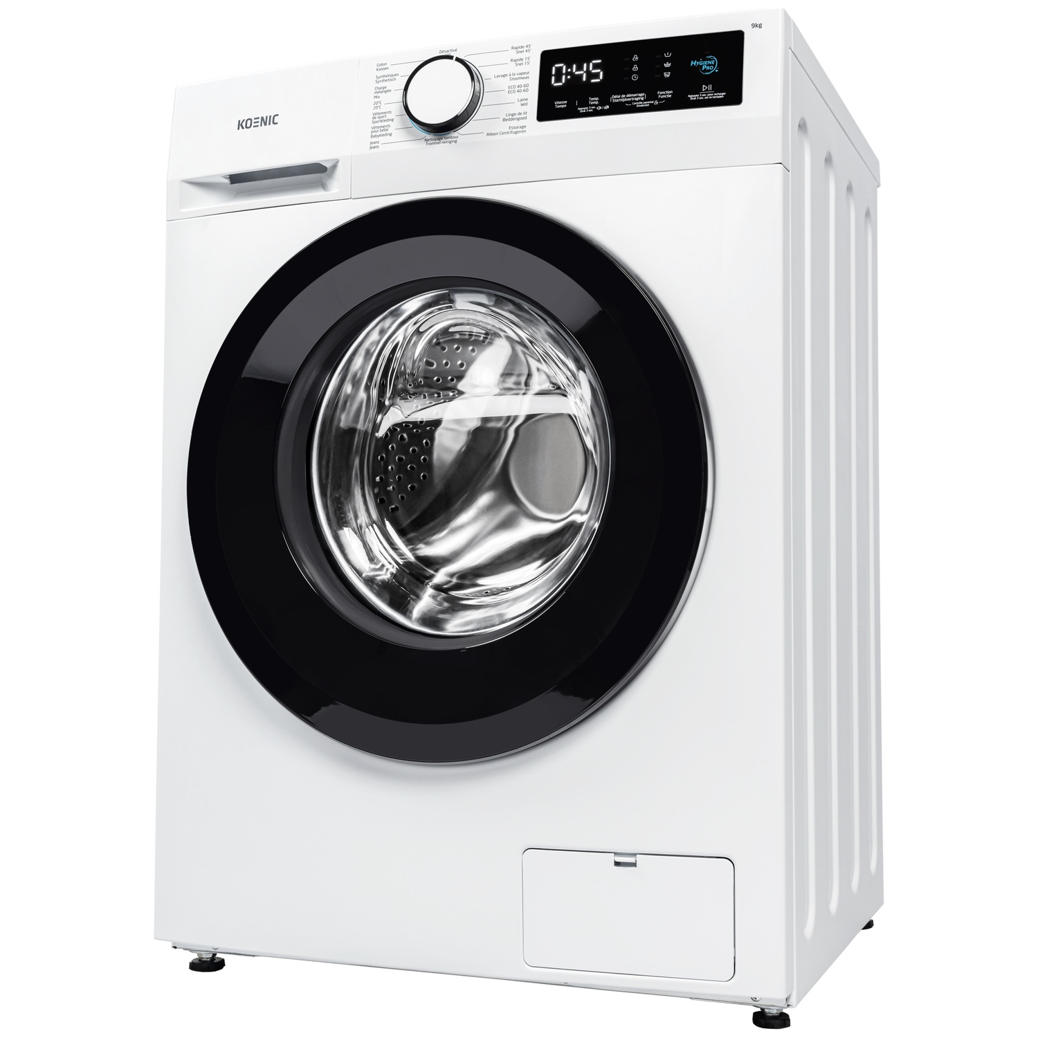 Een witte Koenic wasmachine. Het heeft een zwarte deur, een digitaal display en verschillende instellingen voor wasgoed.