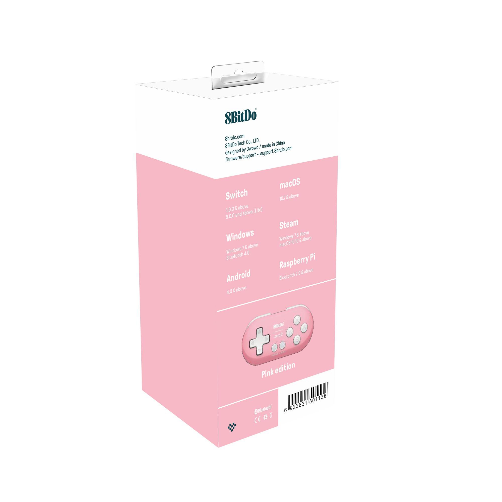 Rosa 8BitDo Zero 2 Gamepad-Box. Der Text enthält Firmeninformationen und Kompatibilitätsdetails für Switch, macOS, Windows, Android, Steam und Raspberry Pi.