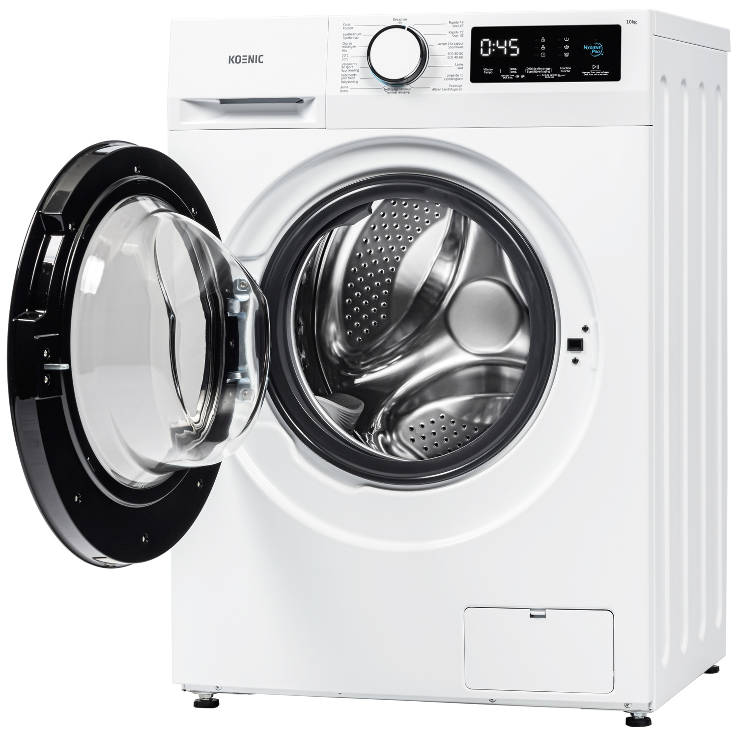 Een witte Koenic wasmachine met een open deur met zwart frame en glas. Het bedieningspaneel toont een timer en opties.