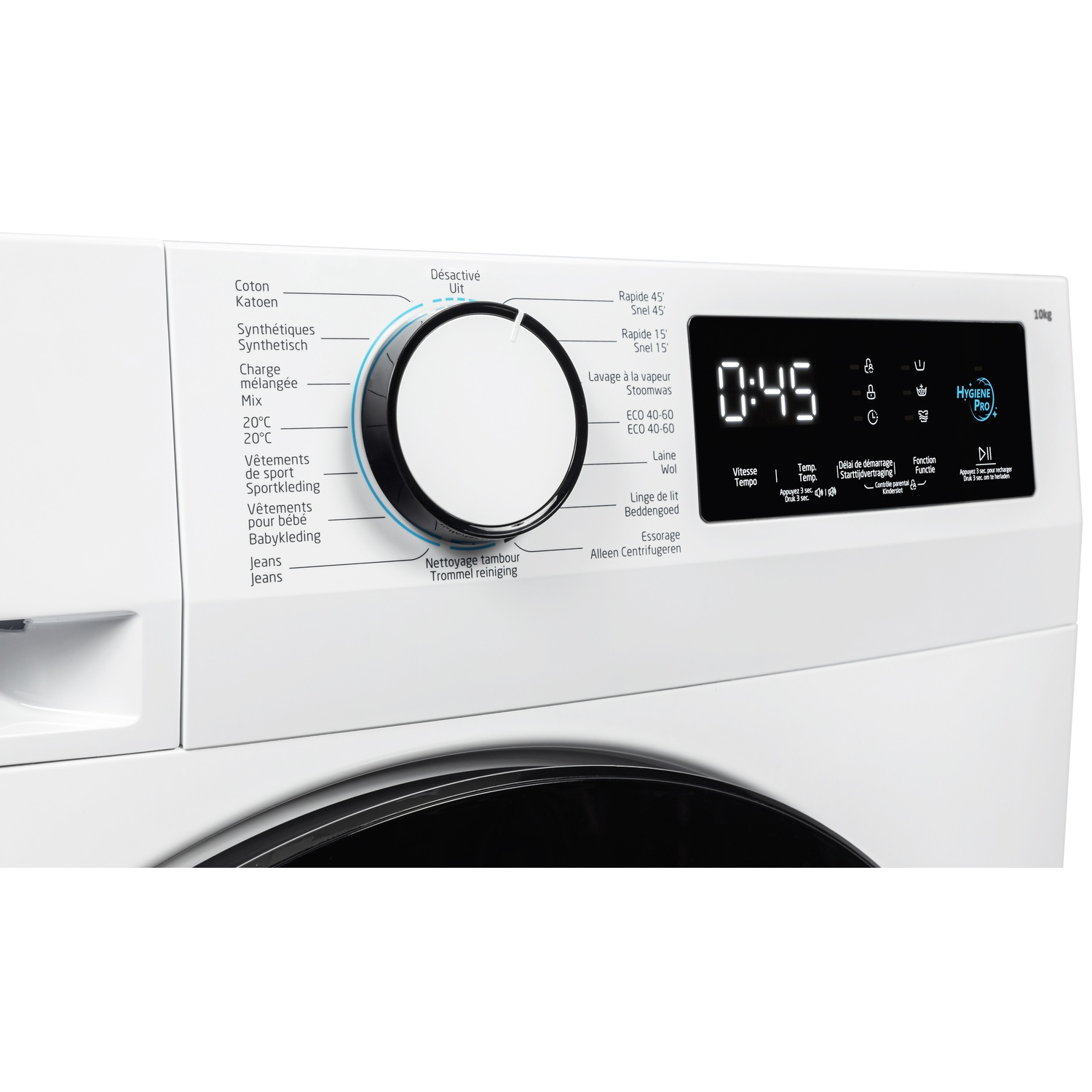 Wasmachine bedieningspaneel. Voorzien van een draaiknop voor programma's en een digitaal display.