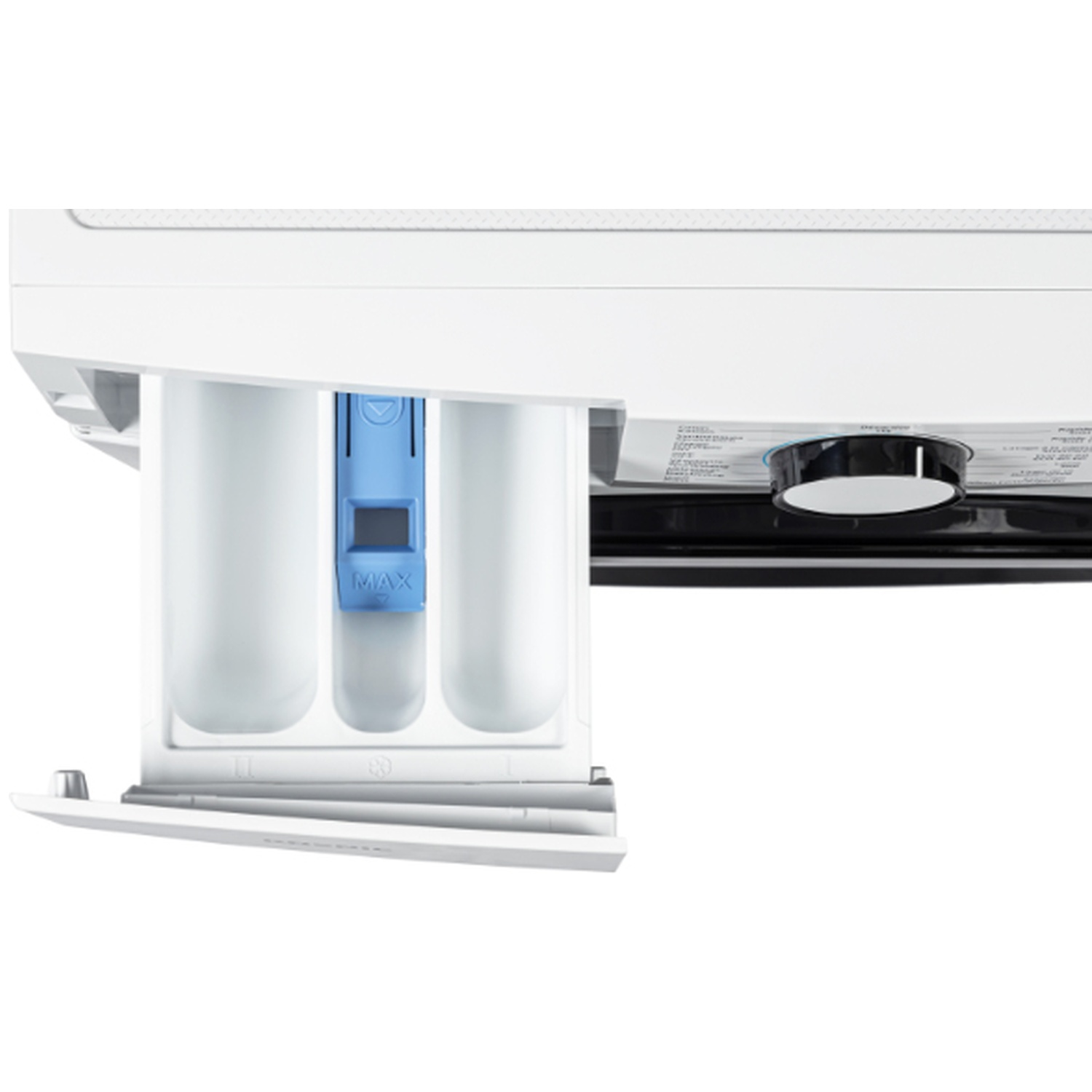 Een close-up van de wasmiddellade van een wasmachine, met witte compartimenten en een blauwe inzet met het label 'MAX'.