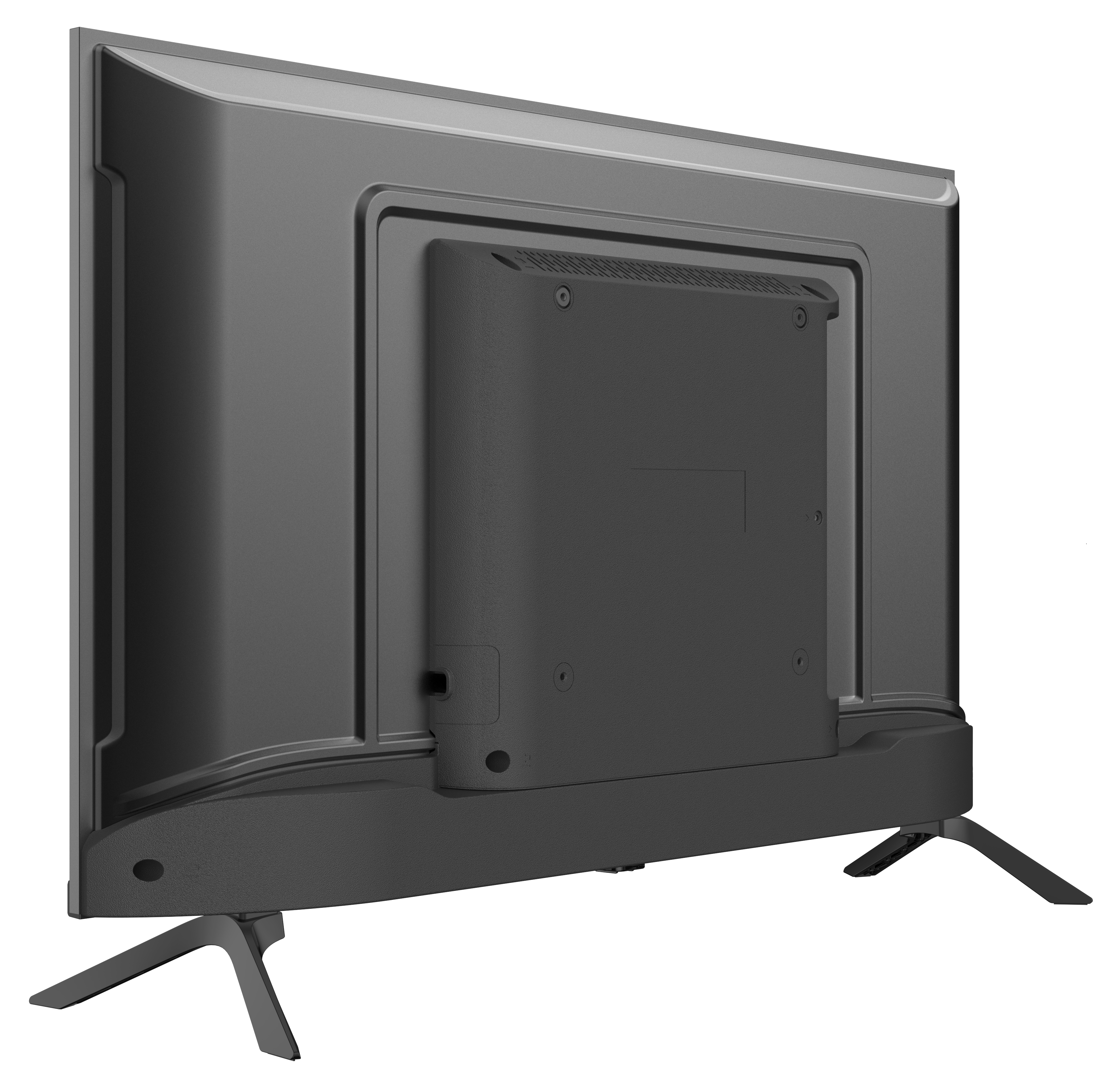 Tył szarego telewizora, lekko pochylony. Ma czarną podstawę i dwie nogi. Tło jest czarne.