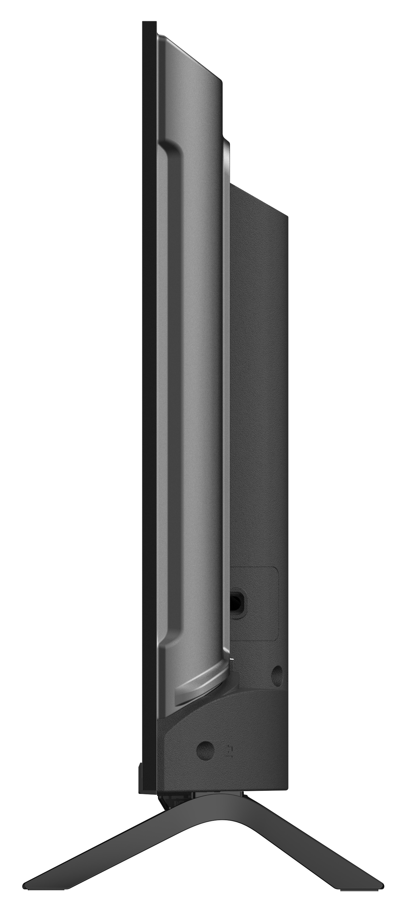 Widok z boku szarego telewizora na czarnym tle. Telewizor ma podstawę i porty. Ekran jest czarny.