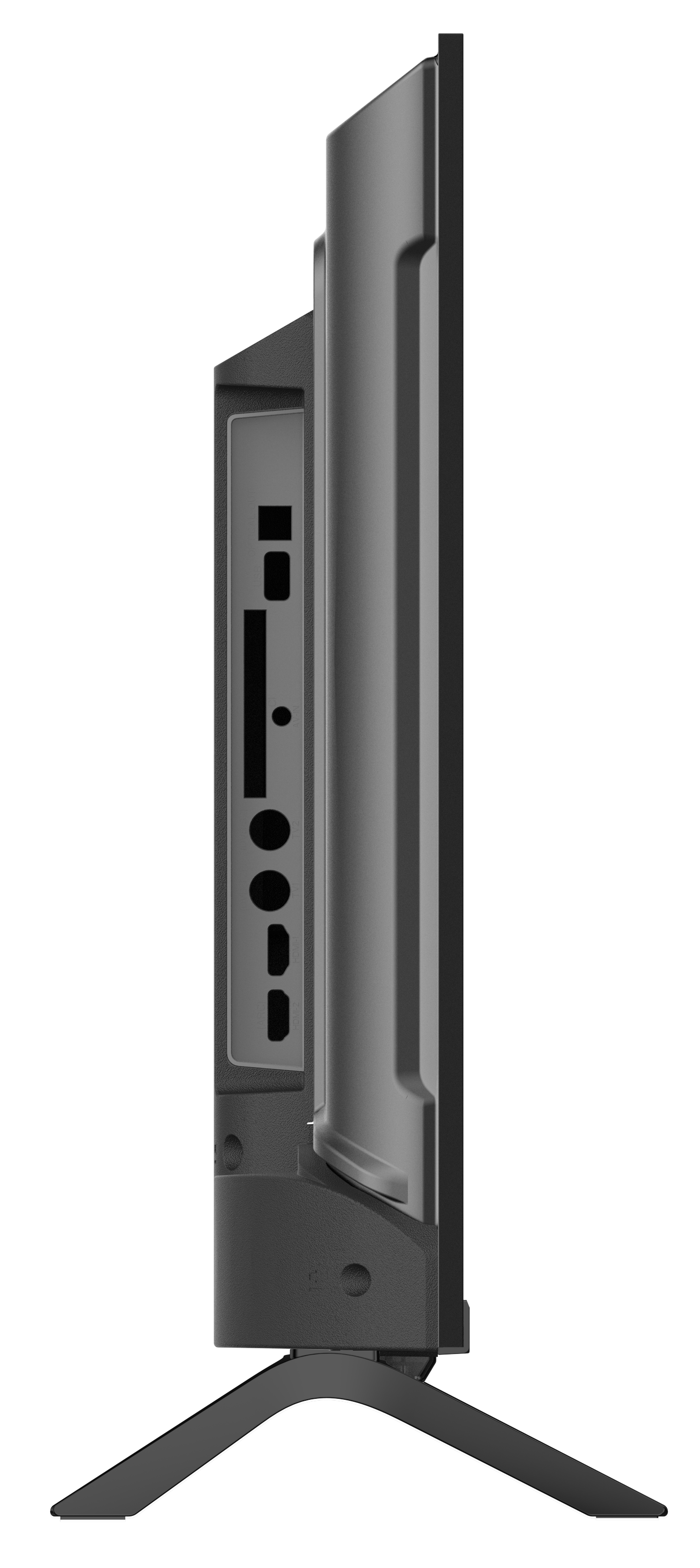 Widok z boku czarnego monitora. Monitor ma podstawę i panel portów z kilkoma portami wejściowymi.