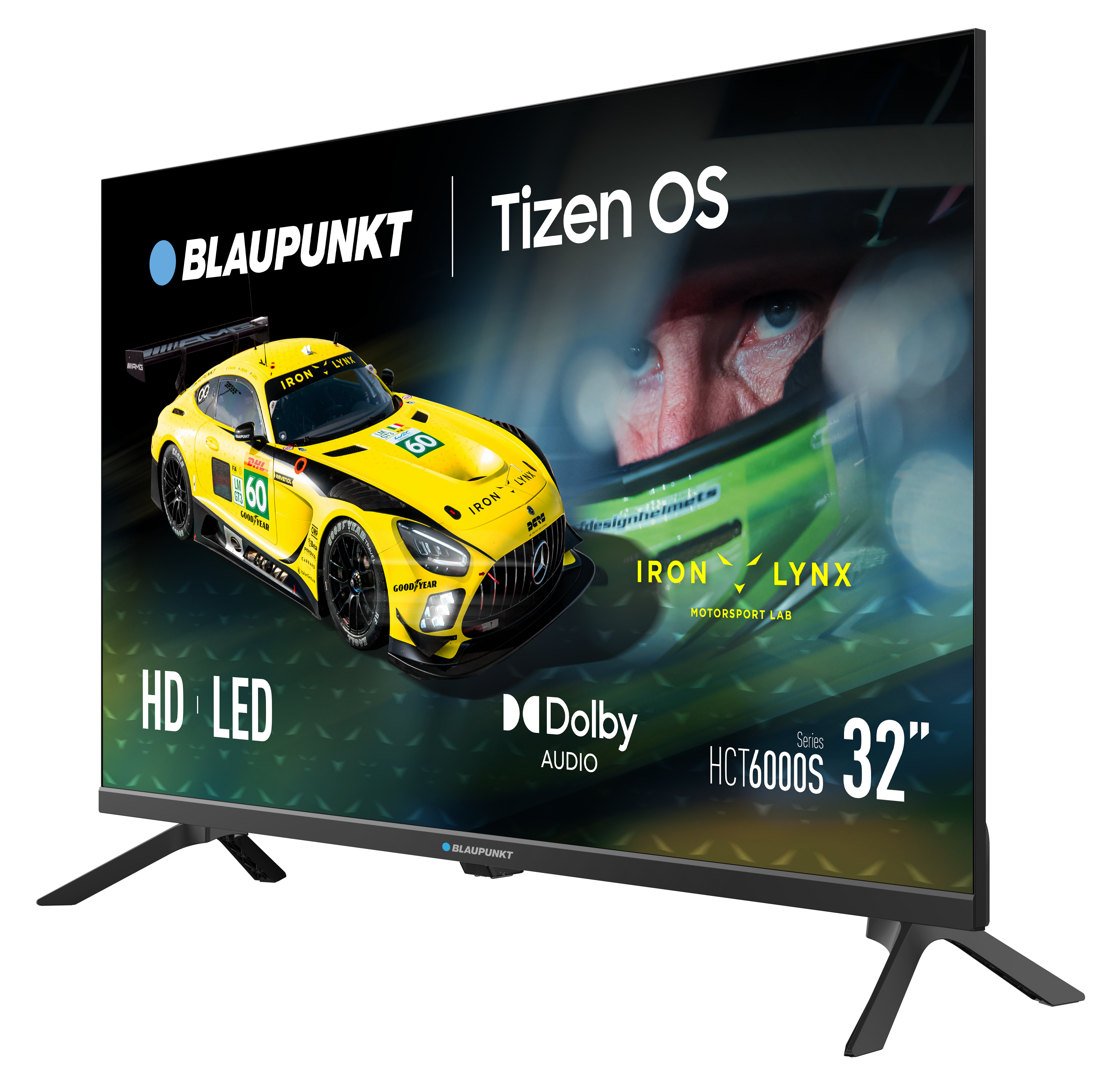 Telewizor Blaupunkt wyświetla żółty samochód wyścigowy na ekranie. Tekst zawiera 'Tizen OS', 'HD LED' i 'Dolby Audio'.