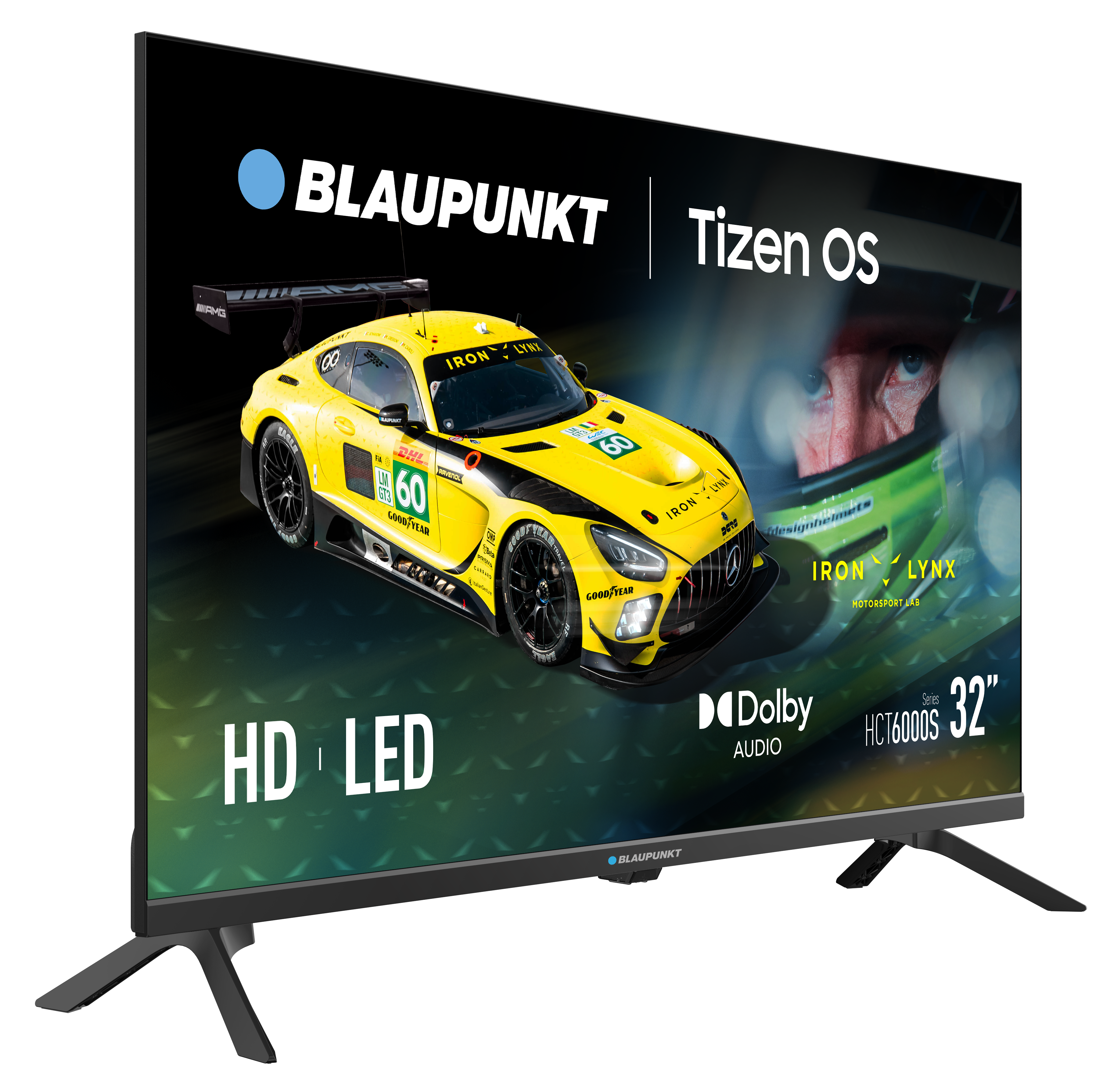 Telewizor wyświetla żółty samochód wyścigowy z twarzą kierowcy. Ekran pokazuje markę, funkcje i rozmiar.