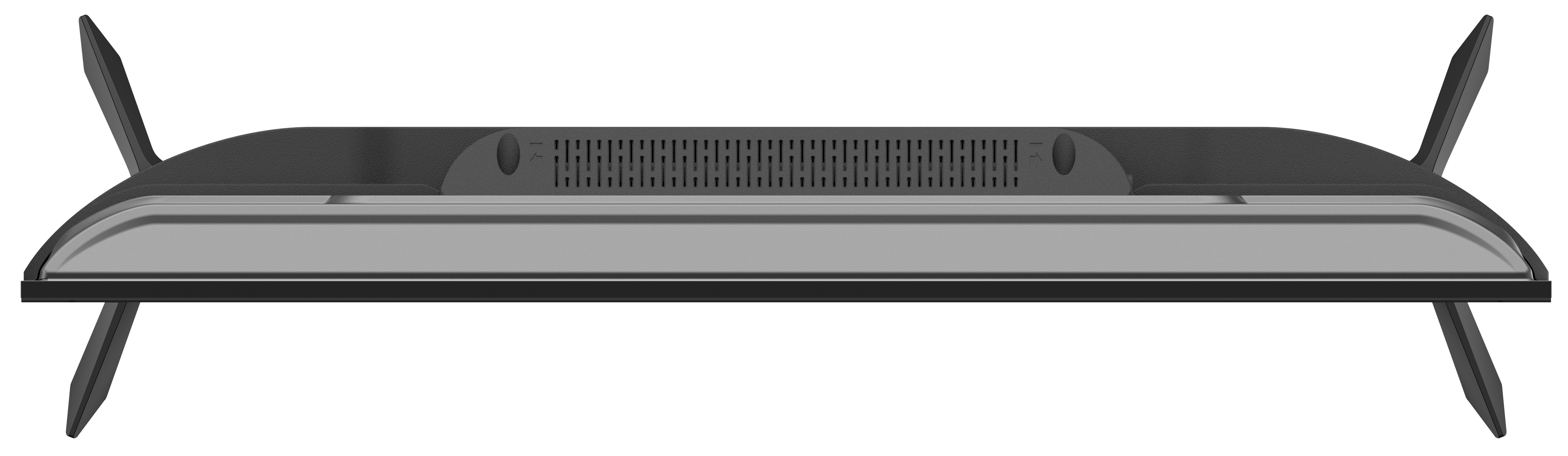 Czarny telewizor ze srebrnym dołem. Ma dwie anteny po każdej stronie i kratkę głośnika na środku.