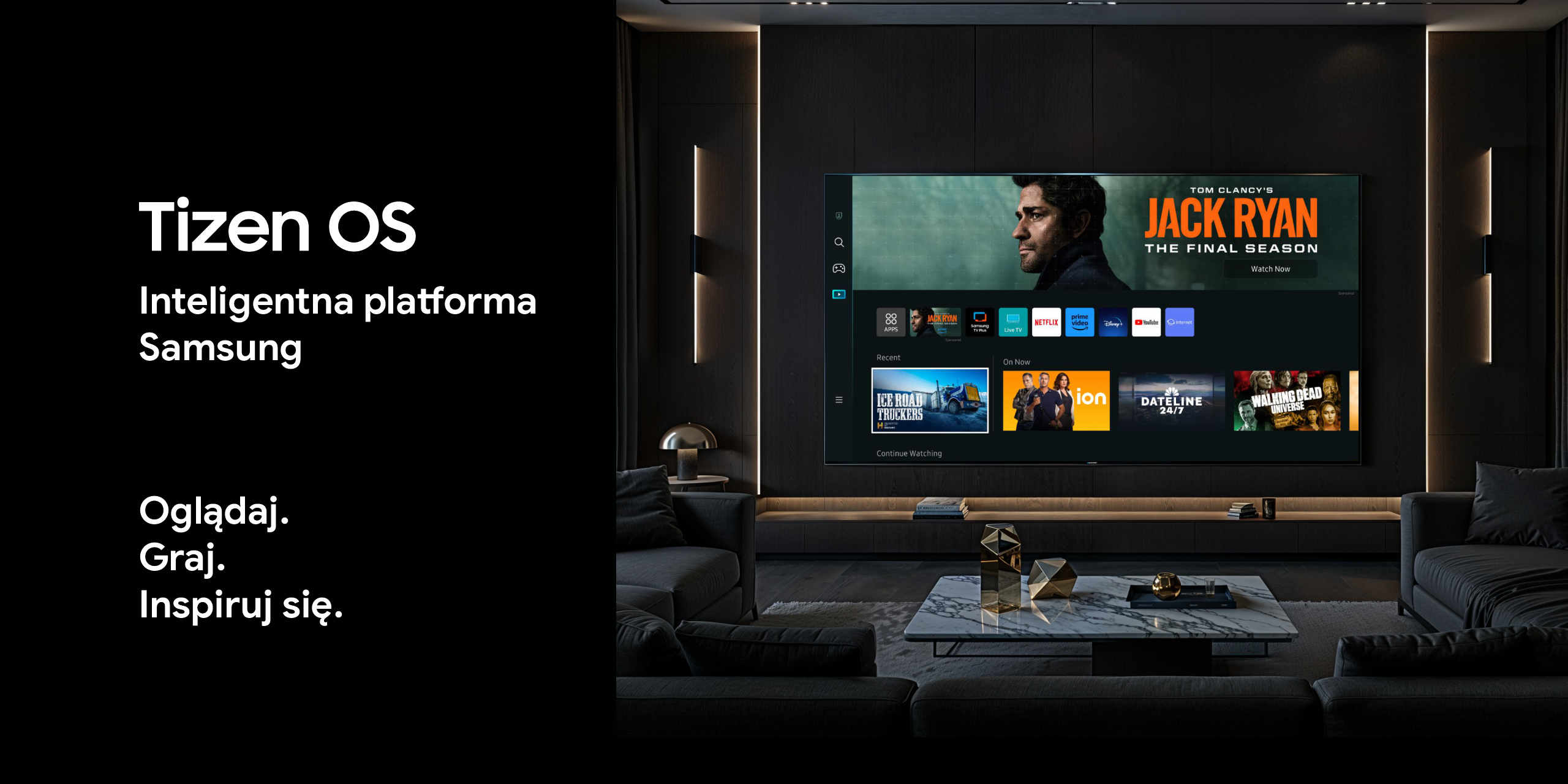 Salon z dużym telewizorem z 'Jack Ryan'. Tekst po lewej stronie 'Tizen OS'. Sofa, stolik kawowy i ciemne ściany.