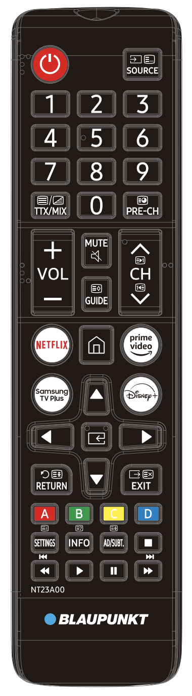 Czarny pilot Blaupunkt z wieloma przyciskami: numery, głośność, Netflix i kontrola kanałów.