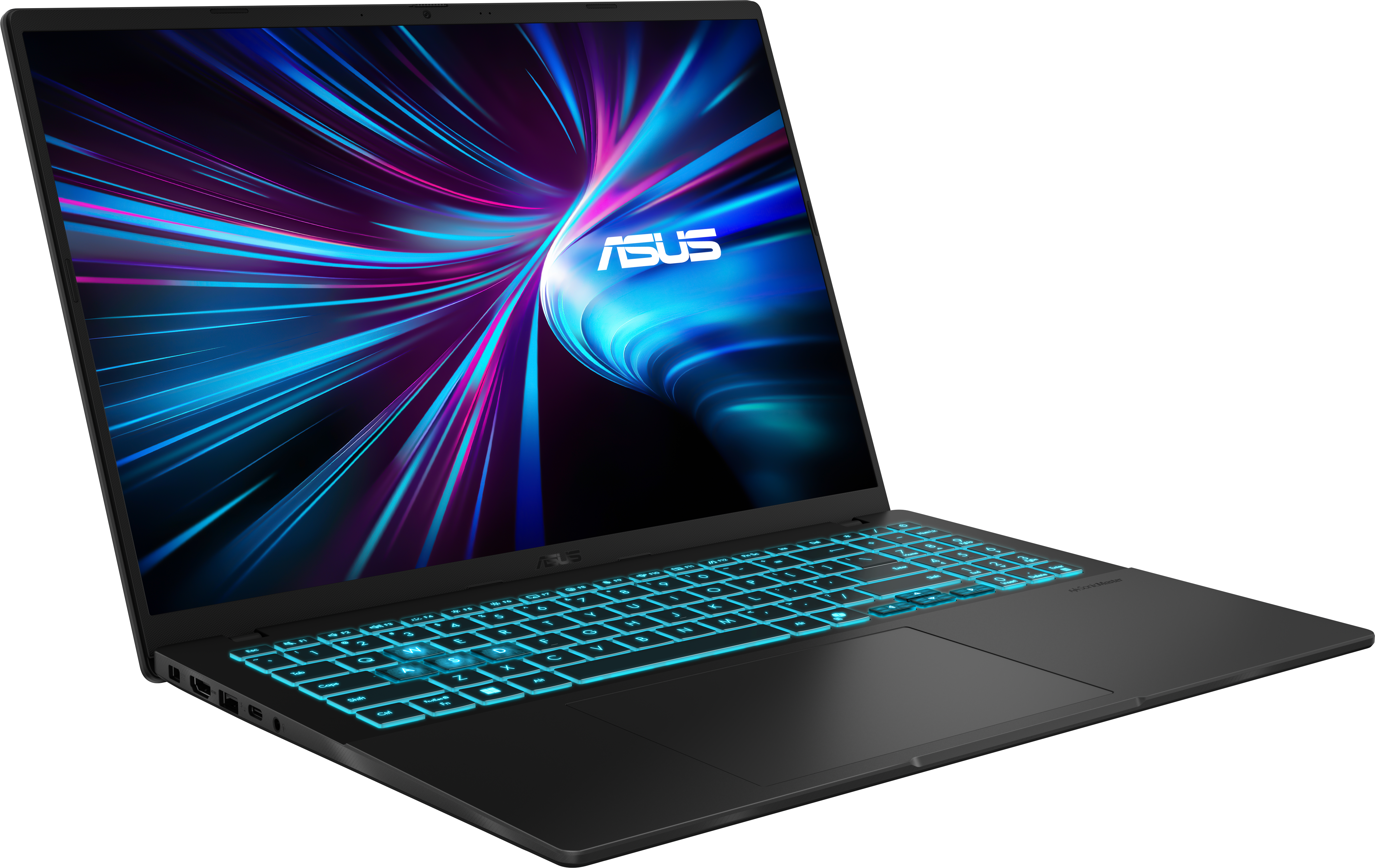 L'ordinateur portable ASUS noir est ouvert, affichant un design lumineux bleu et violet. Le clavier est éclairé en bleu. Logo ASUS visible.