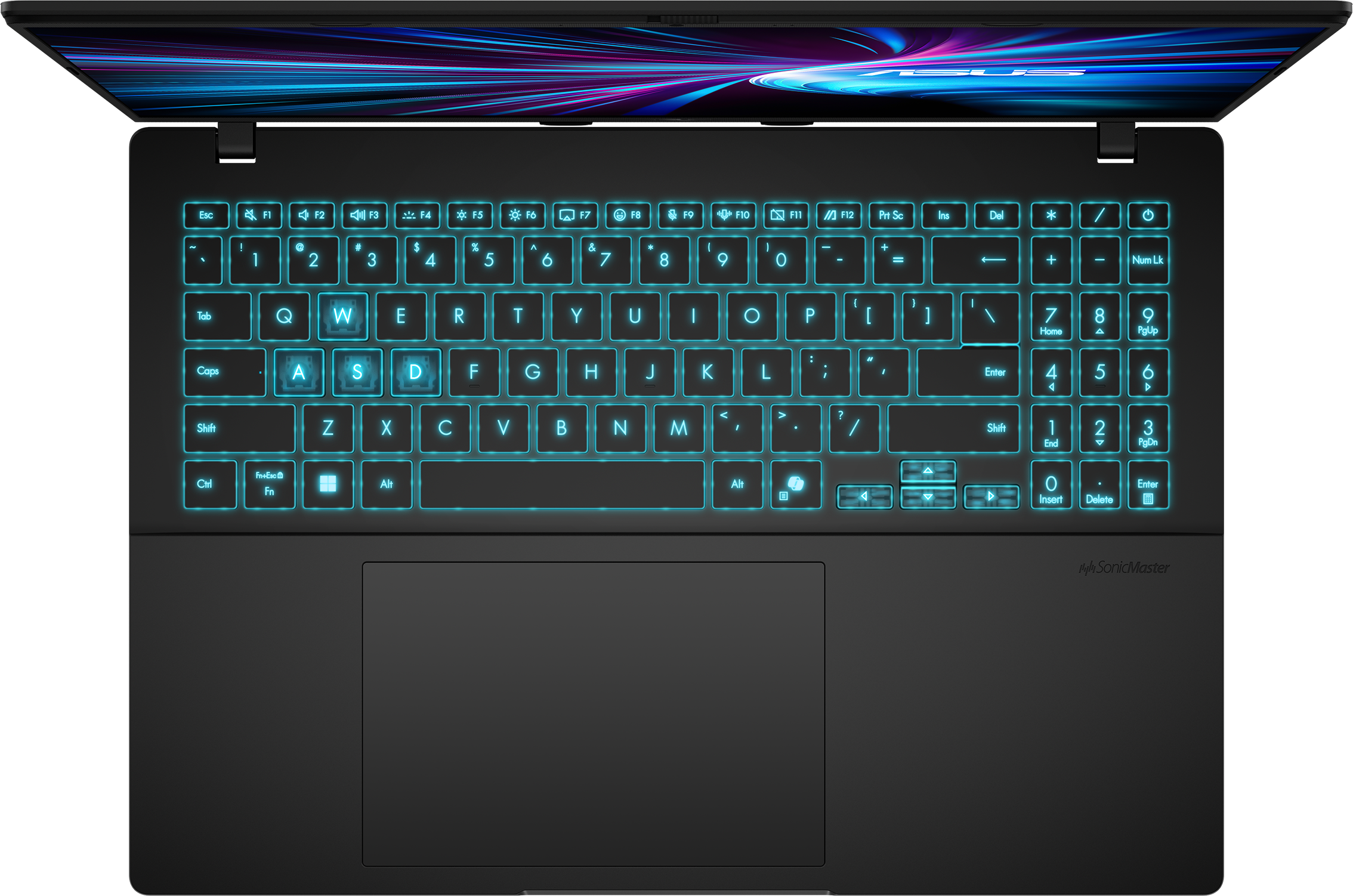 Vue de dessus d'un ordinateur portable noir. Clavier éclairé avec des lumières bleues. L'écran affiche des lumières abstraites bleues et violettes.