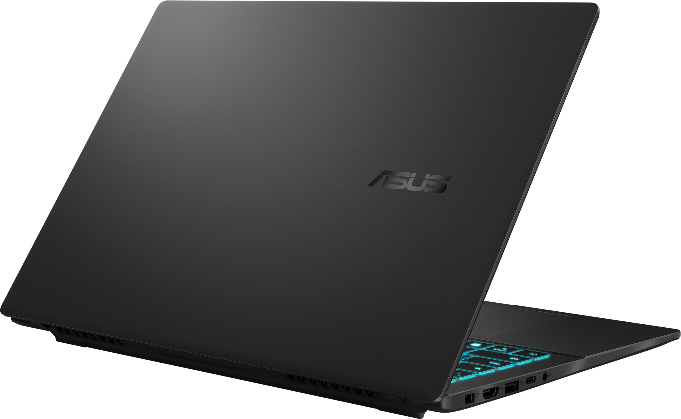 Ordinateur portable ASUS noir, partiellement ouvert. Le clavier a un rétroéclairage bleu. Le logo ASUS est sur le capot supérieur.