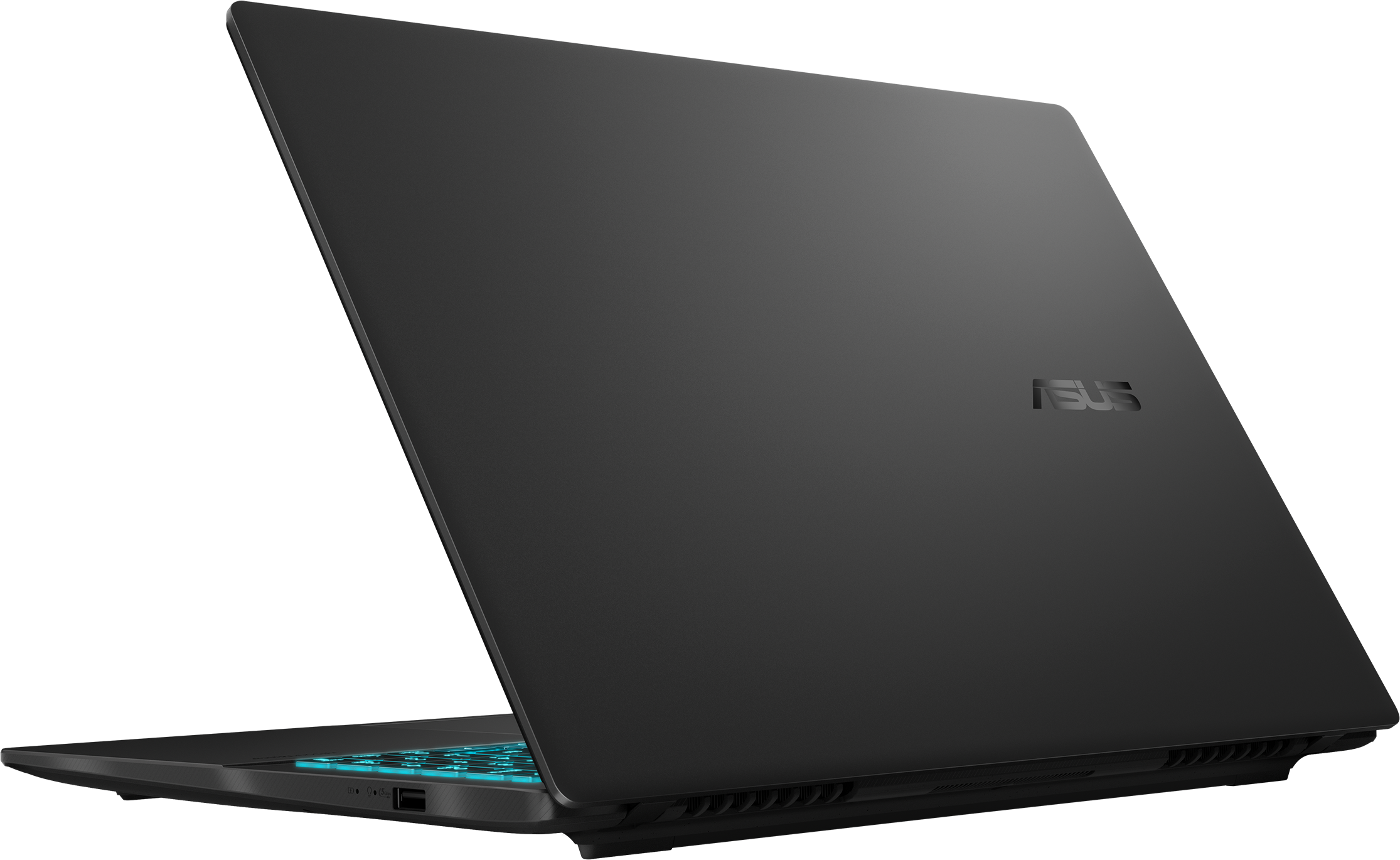 Ordinateur portable ASUS noir, partiellement ouvert. Le logo ASUS est visible. Lumières bleues du clavier brillent.
