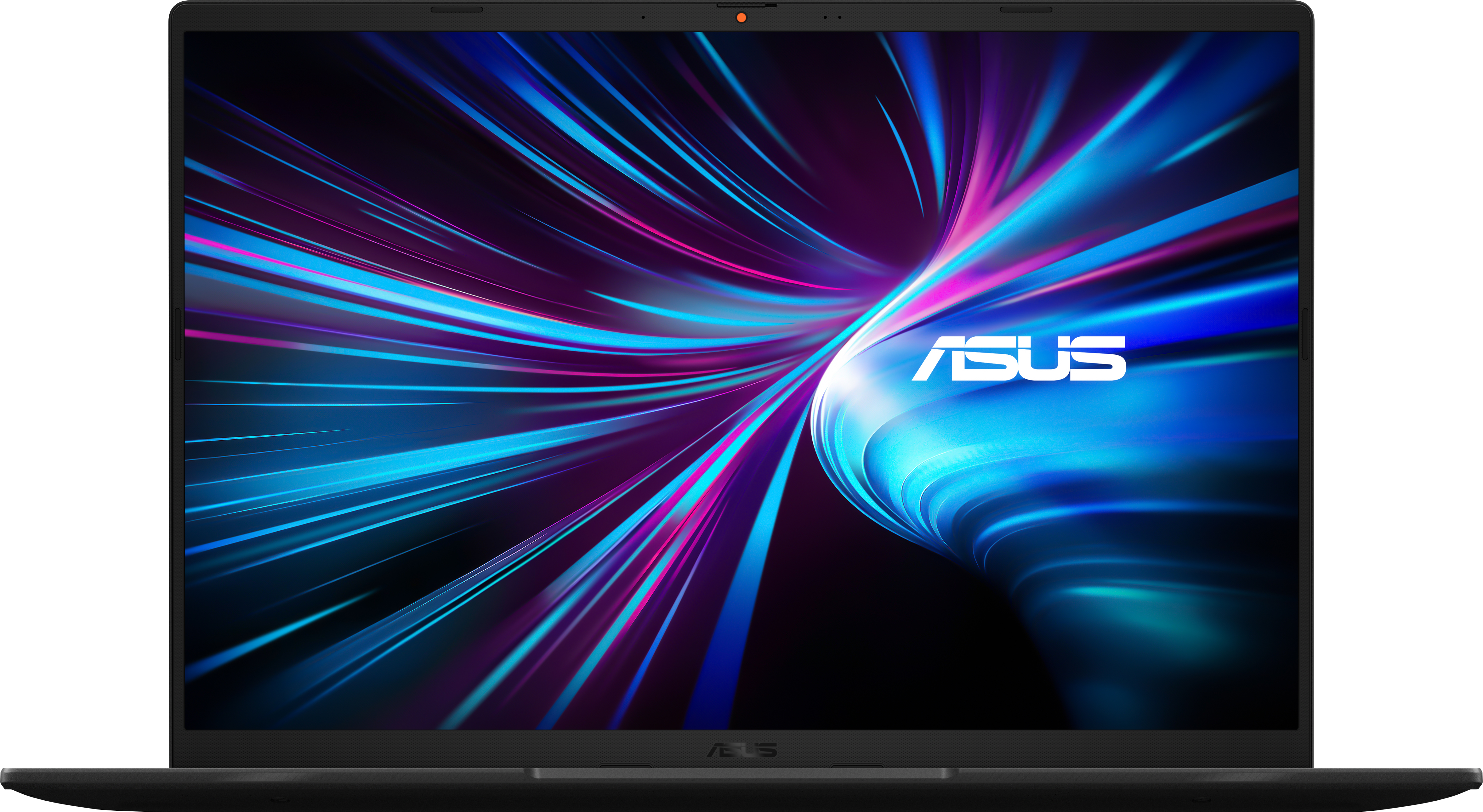 Un ordinateur portable avec un cadre noir. L'écran affiche un design abstrait bleu et violet, avec le logo ASUS en blanc.