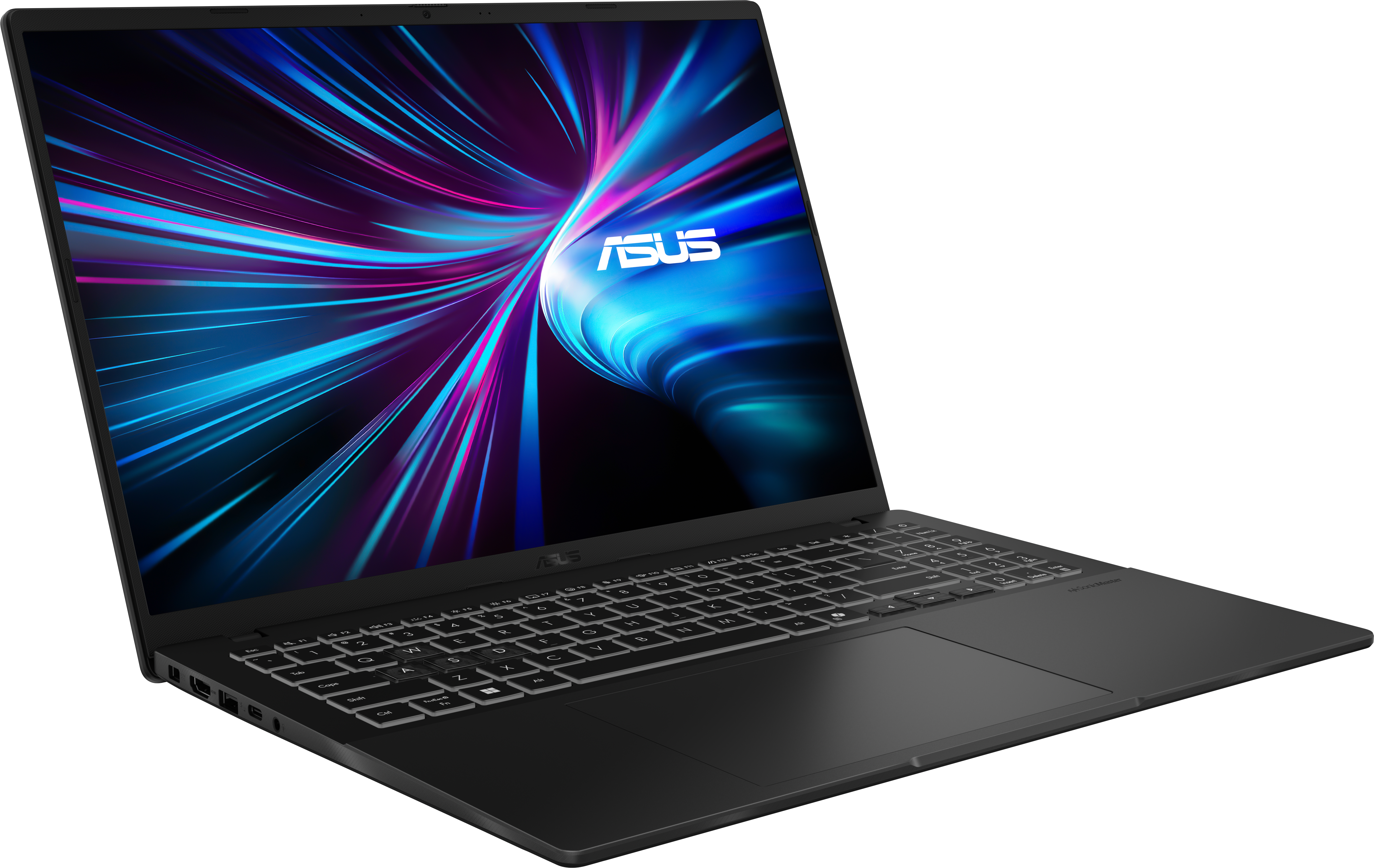 Ordinateur portable noir avec logo ASUS sur l'écran, affichant des stries lumineuses bleues et violettes. Clavier et pavé tactile visibles.