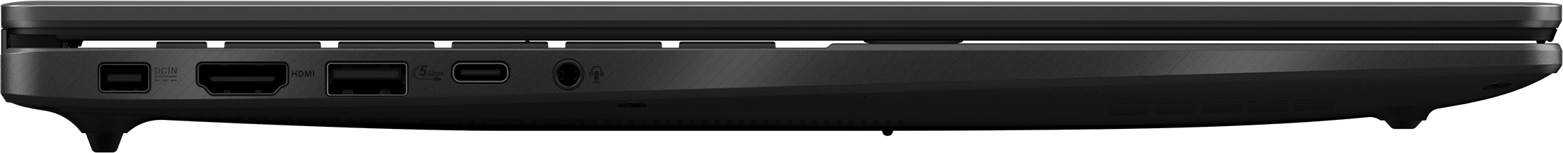 Vue latérale d'un ordinateur portable noir avec ports: DCIN, HDMI, USB, prise audio et micro. Le fond est noir.