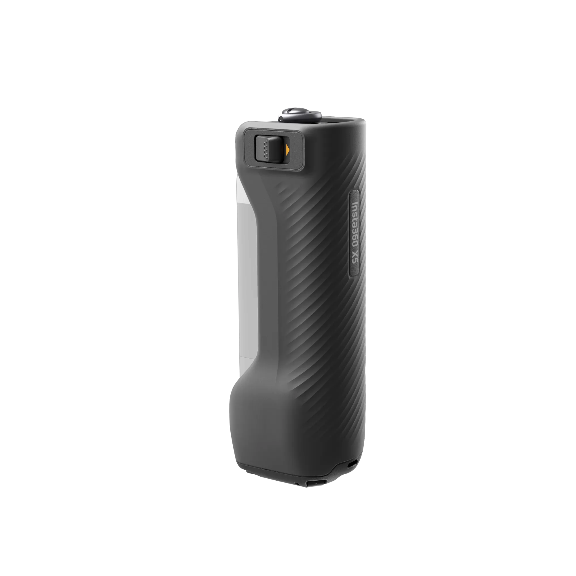 Eine schwarze Insta360 X3 Kamera mit strukturierter Griff, einem Knopf und dem Logo auf der Seite, isoliert auf schwarzem Hintergrund.
