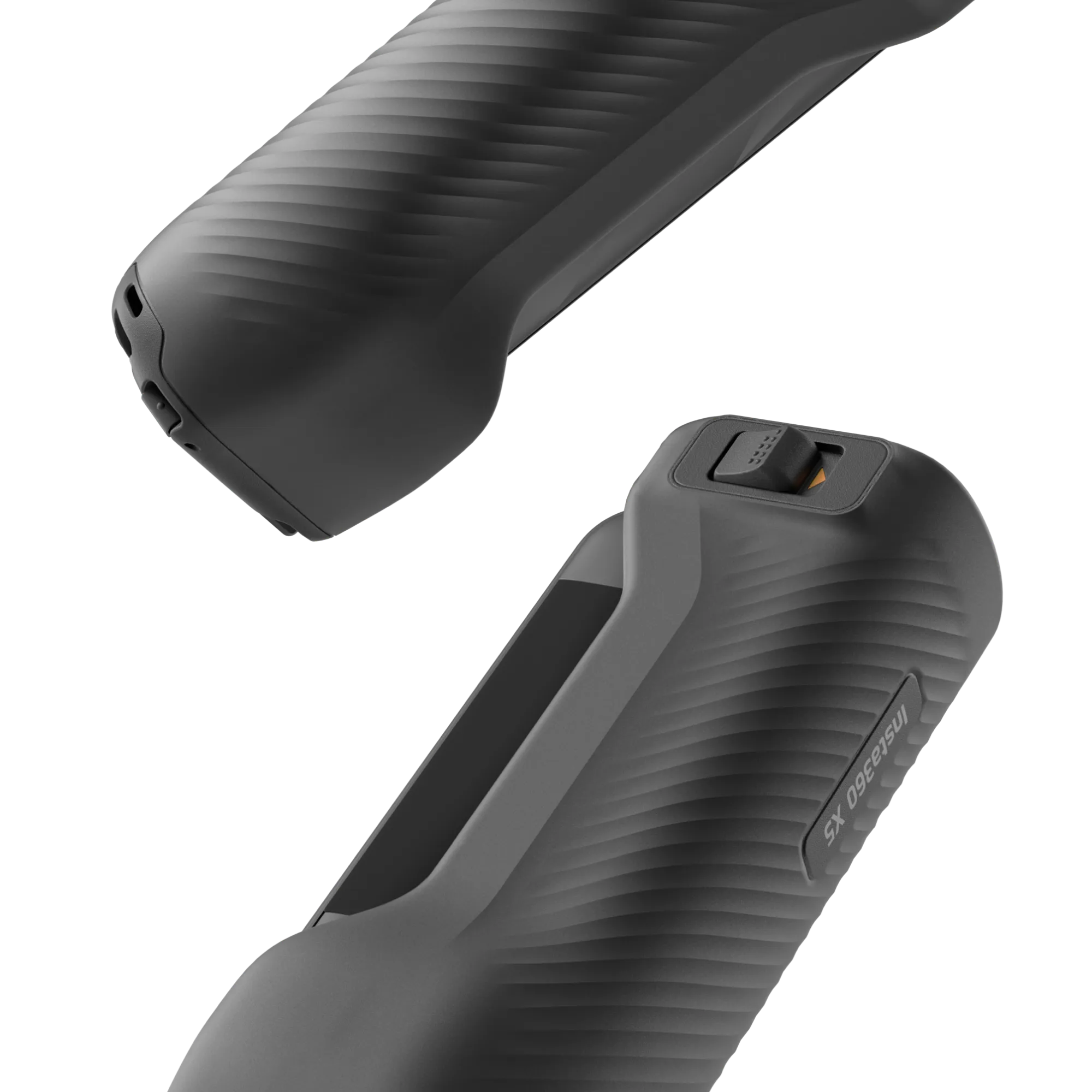 Zwei schwarze Insta360 X5 Kameragriffe. Einer ist von oben, der andere ist angewinkelt. Beide haben strukturierte Griffe und einen Knopf.