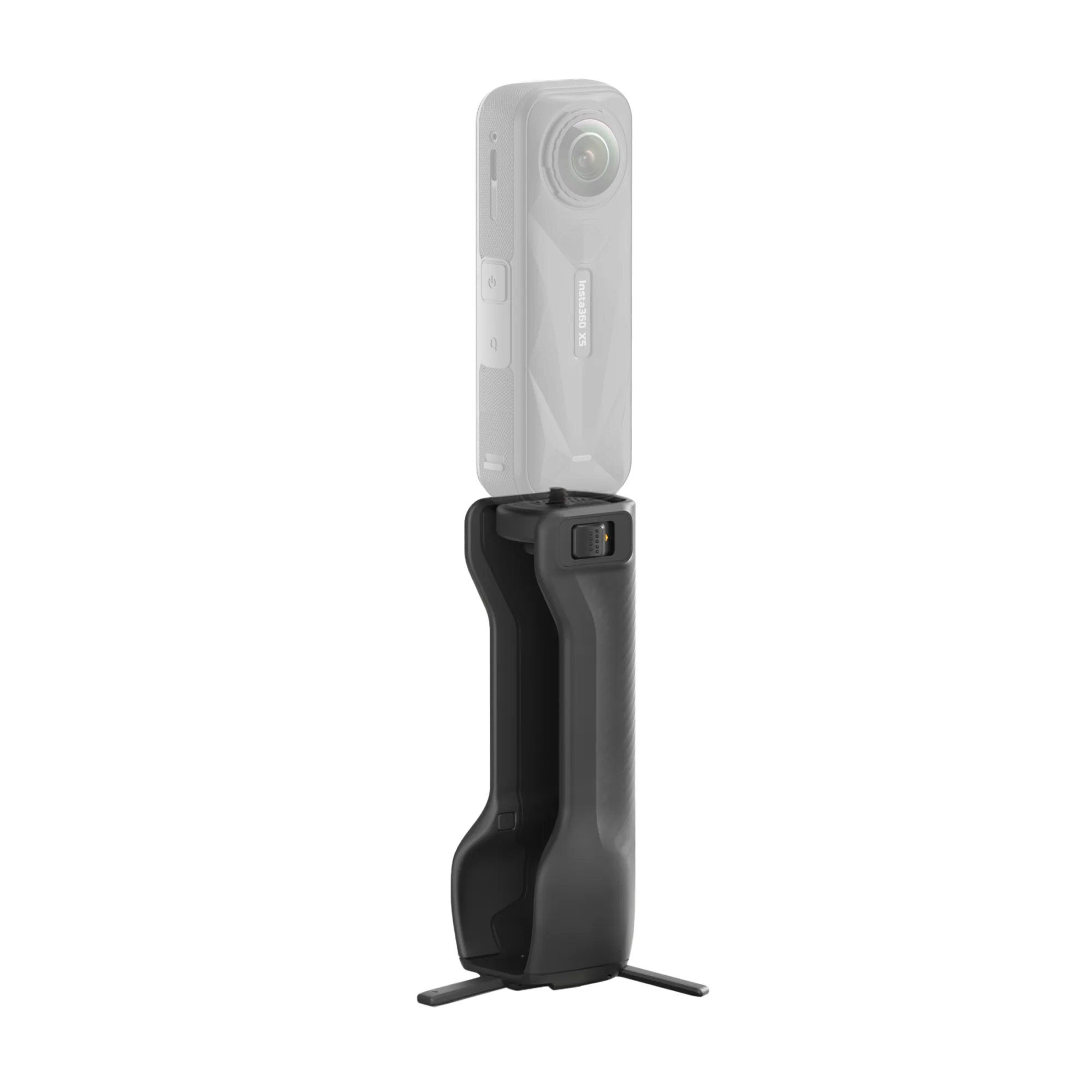 Eine schwarze Insta360 X3 Kamera ist auf einem schwarzen Griff mit Stativfuß montiert. Die Kamera ist grau.