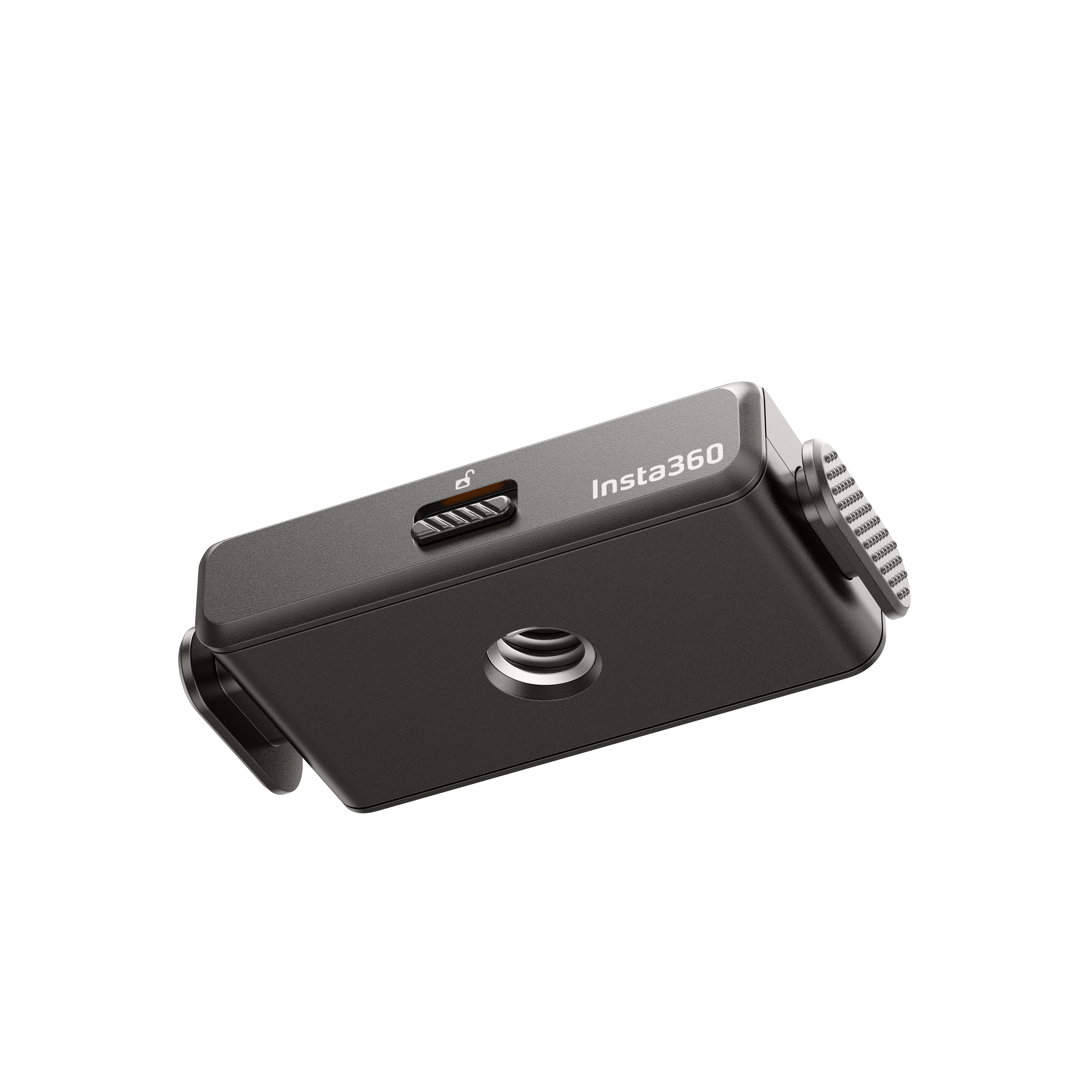 Eine schwarze Insta360-Kamerahalterung. Sie hat einen Verschluss, ein Schraubenloch und einen strukturierten Griff. Der Hintergrund ist schwarz.