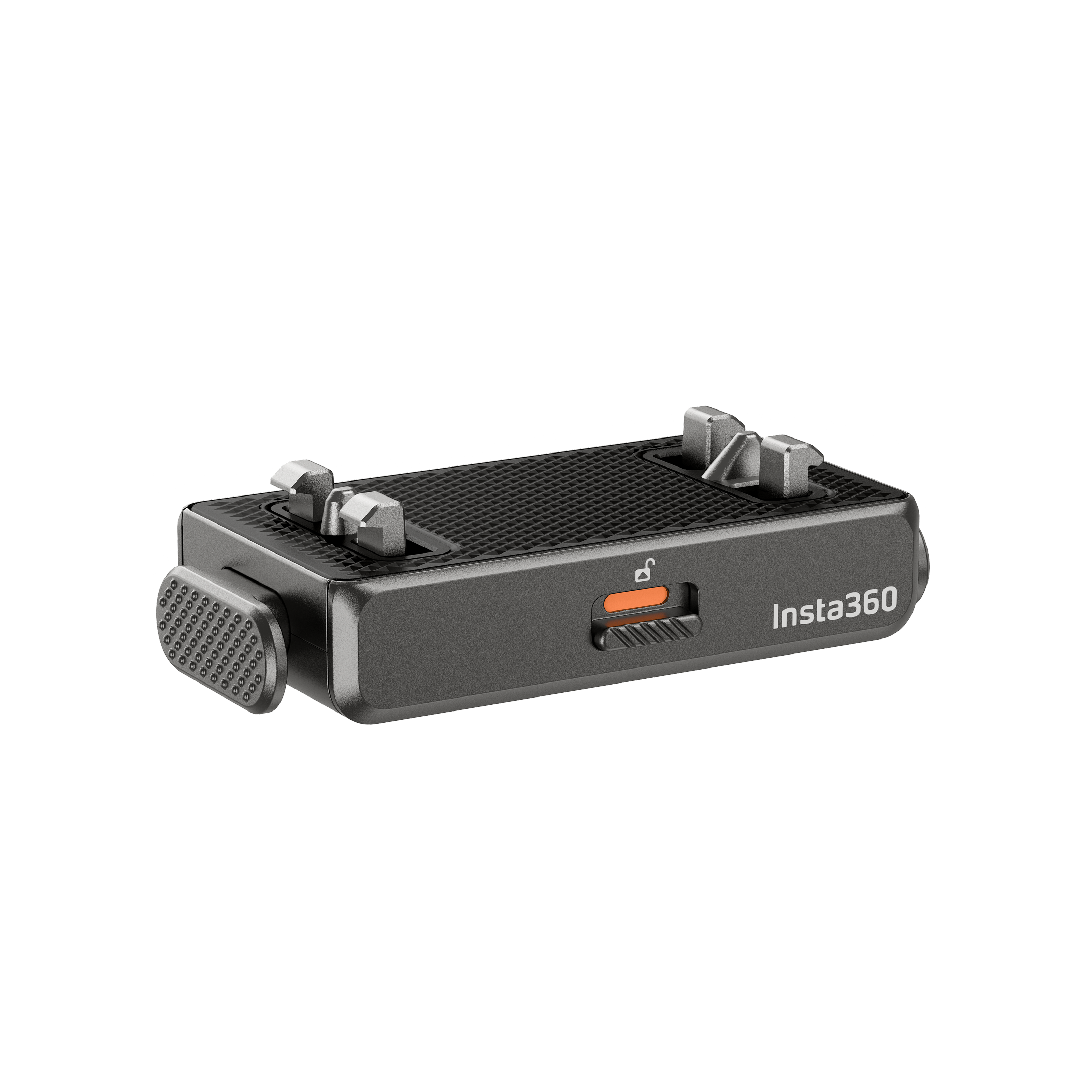 Eine schwarze Insta360-Kamerahalterung. Sie hat silberne, verstellbare Teile und eine orangefarbene Verriegelungsanzeige. Der Hintergrund ist schwarz.