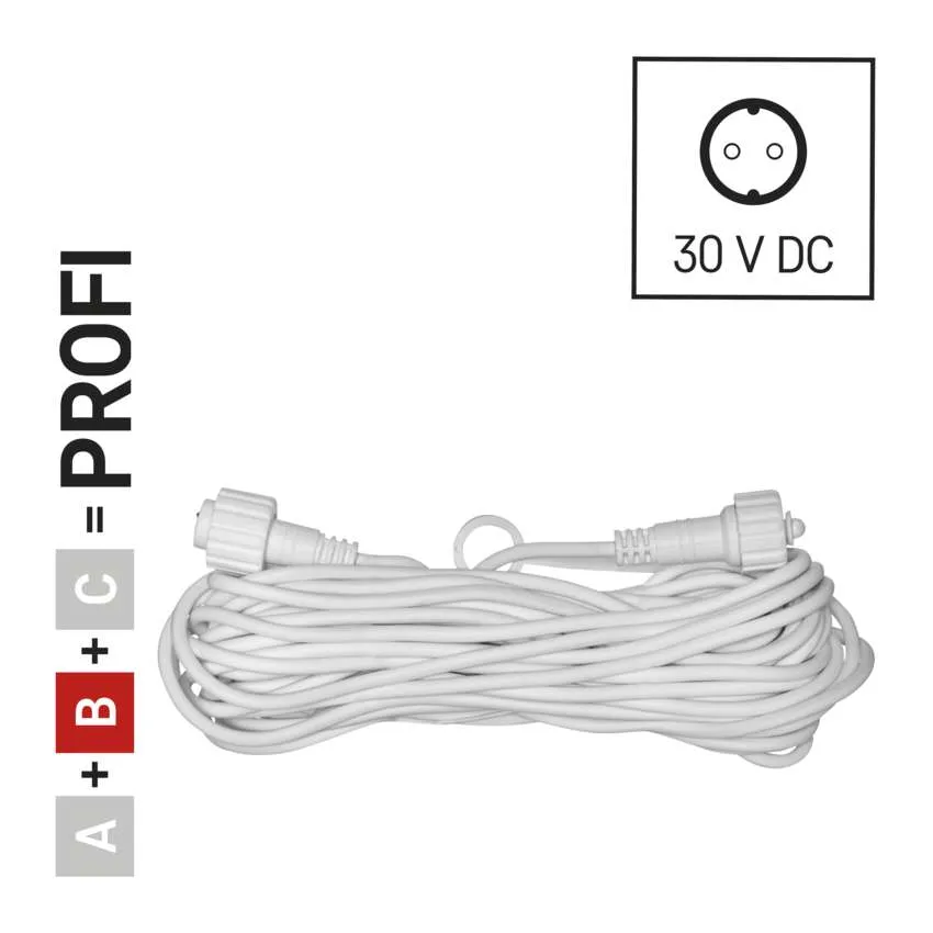 Fehér elektromos kábel csatlakozókkal. Tartalmaz egy 30V DC szimbólumot és a 'PROFI' szöveget.