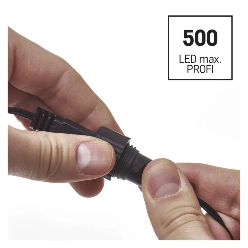 Kéz összeköt egy fekete kábelt. Egy négyzet alakú jelzés mutatja: '500 LED max. PROFI'.