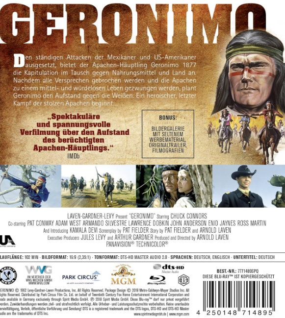 Poster für den Film 'Geronimo' mit einem Porträt der Hauptfigur und Text auf Deutsch.