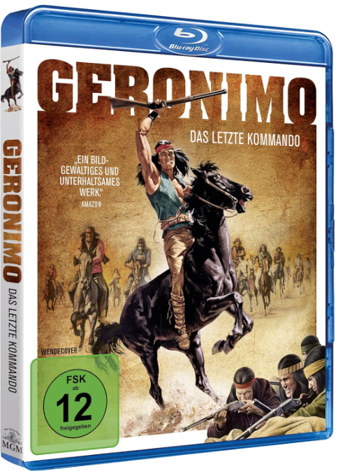 Blu-ray-Cover von Geronimo. Ein Indianer auf einem schwarzen Pferd, der ein Gewehr hebt. Andere auf Pferden im Hintergrund, ein grünes FSK-Abzeichen.