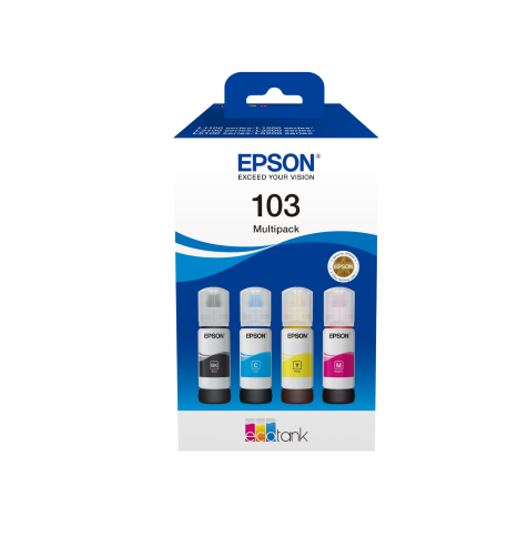 Epson 103 Multipack tintapatronok. Fekete, cián, sárga és magenta tintás üvegek láthatók. A dobozon az Epson logója látható.