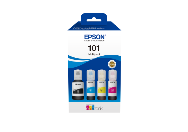 Epson 101 multipack tintapalackok. A csomag fekete, cián, sárga és magenta tintapalackokat tartalmaz, fehér háttérrel.